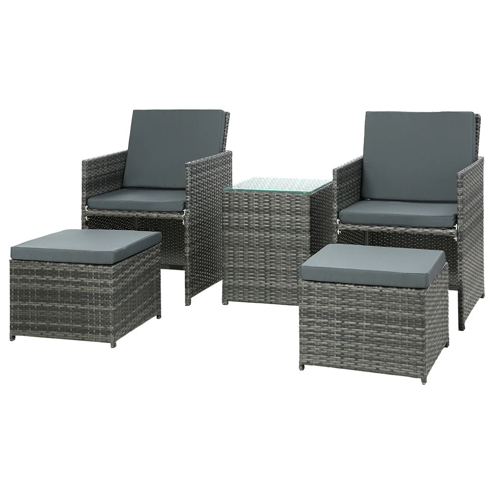 1 Gardeon 5PC Bistro Set Wicker Table and Chairs Ottoman Outdoor Furniture - Grey, 1 of 5