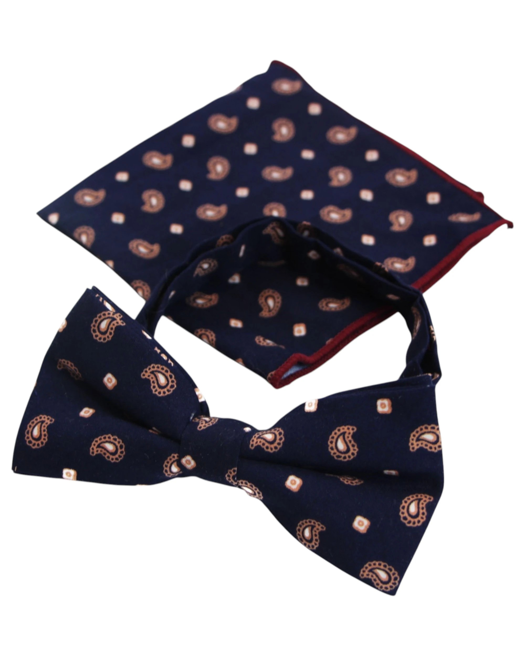 2 Zasel Mens Navy & Tan Scattered Paisley Cotton Bow Tie And Pocket Square Set - Multi, 2 of 5