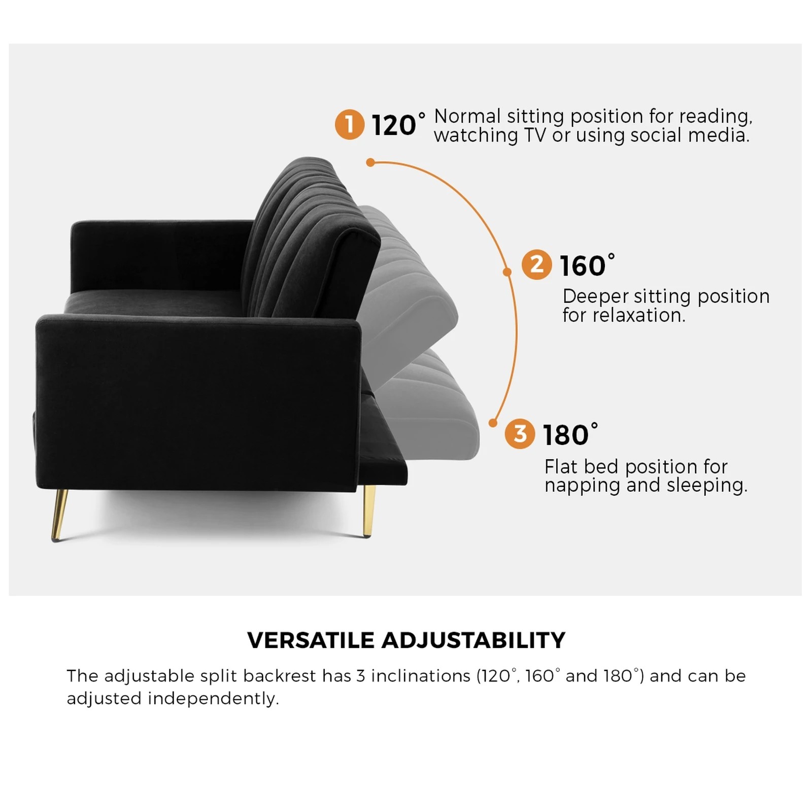 4 Oikiture 3-seater Sofa Bed Couch  Convertible Lounge Recliner Sofabeds Velvet
 - Black, 4 of 10