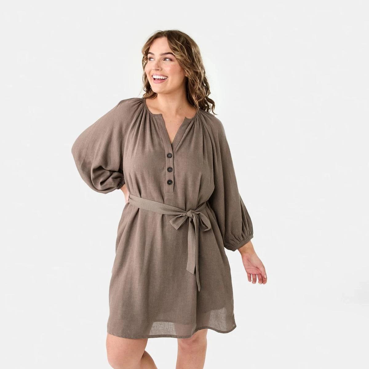 1 Elbow Sleeve Linen Blend Mini Dress DEEP TAUPE, 1 of 9