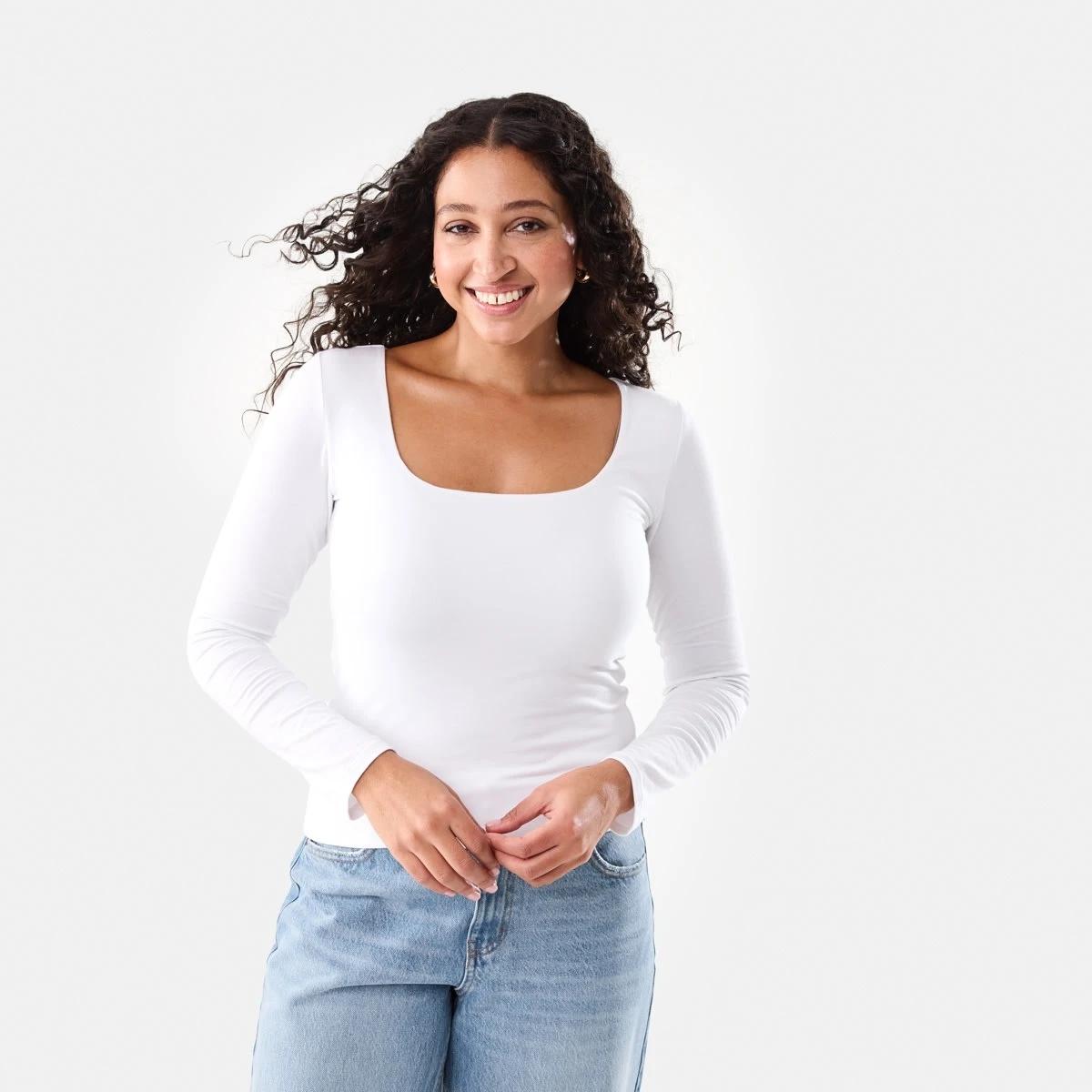 1 Long Sleeve Square Neck Top White, 1 of 9