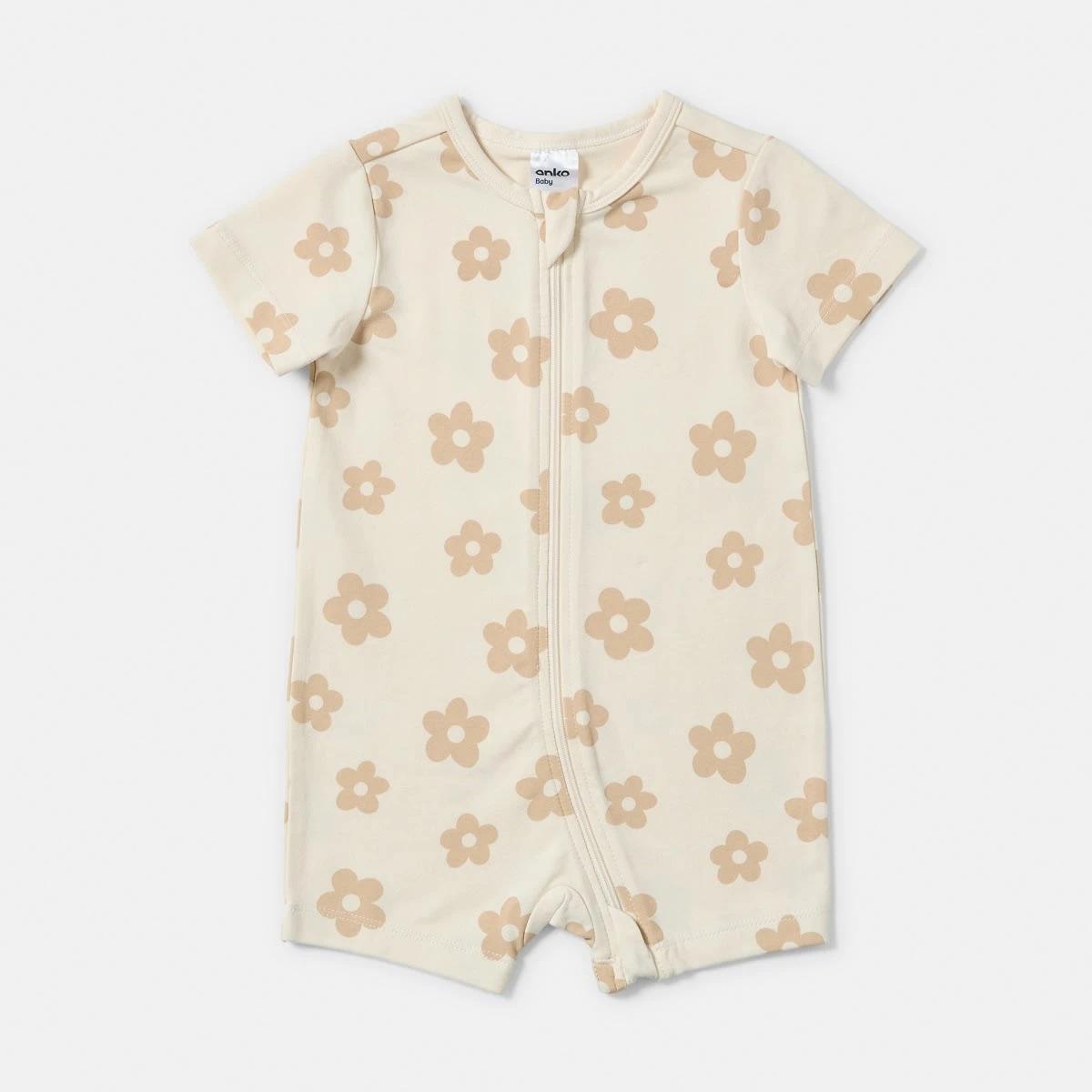 1 Short Sleeve Zip Romper BEIGE FLORAL, 1 of 4