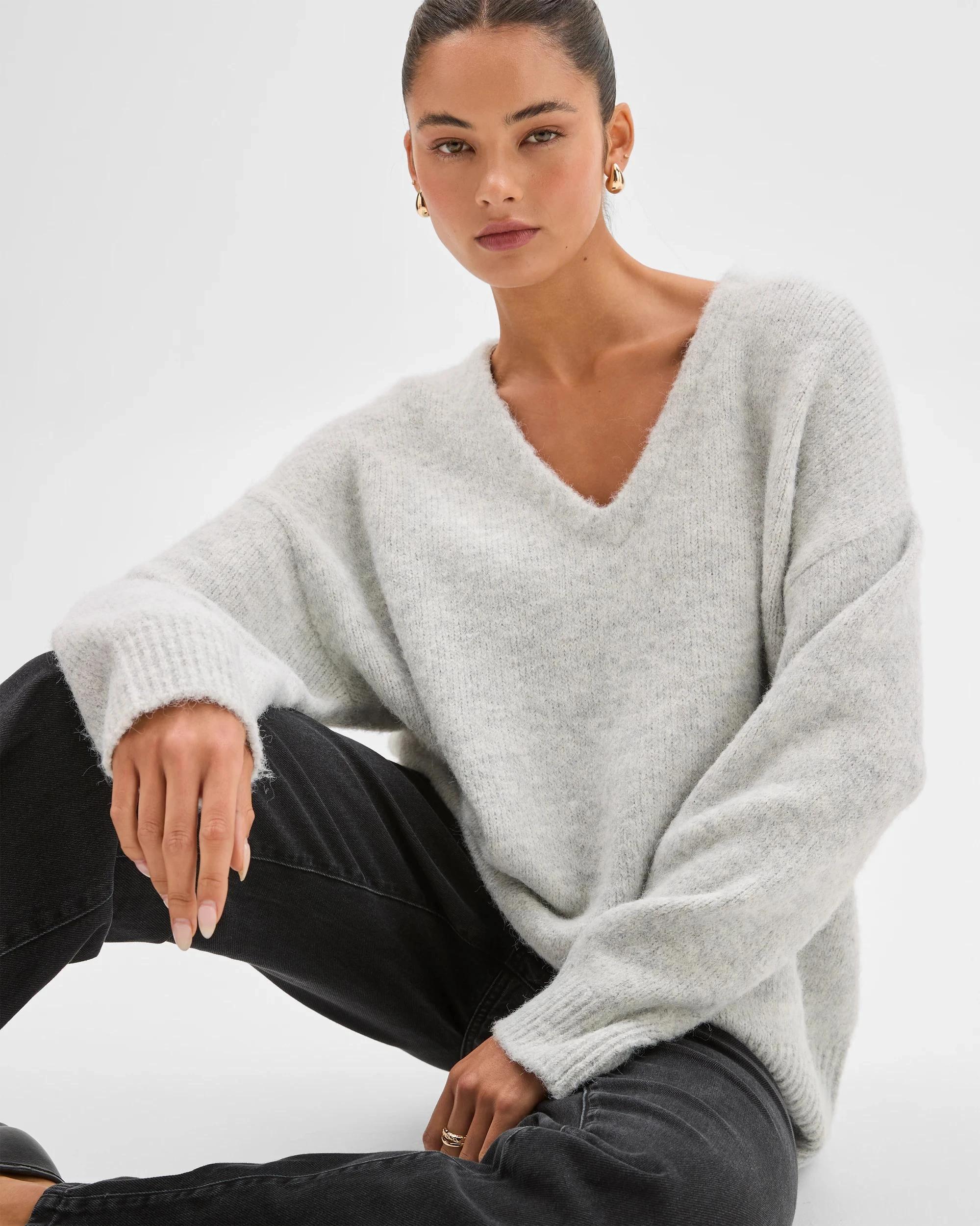 1 Lily Loves V-Neck Fluffy Knit Jumper SILVER MARLE, 1 of 7