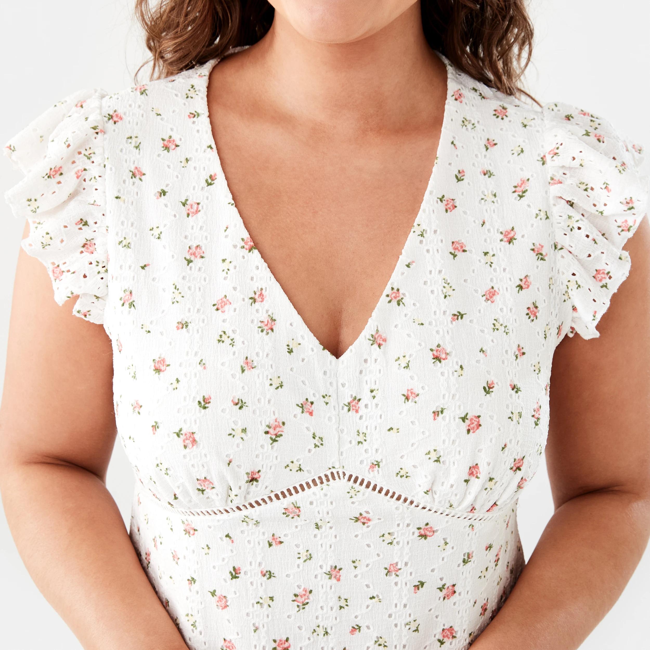 6 Sleeveless Broderie V-Neck Mini Dress Pink Ditsy, 6 of 8