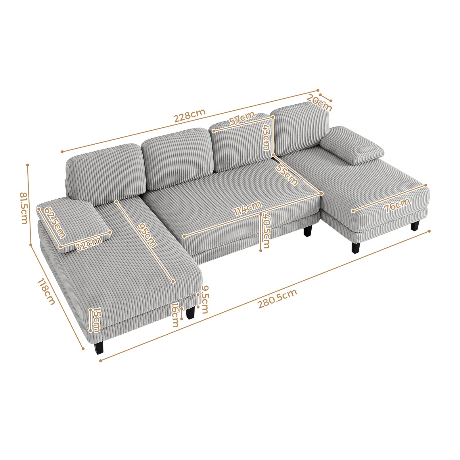 2 Advwin Sectiona Sofa 4-Seater Corduroy Fabric U Shape Couch 280cm - Light Grey, 2 of 6