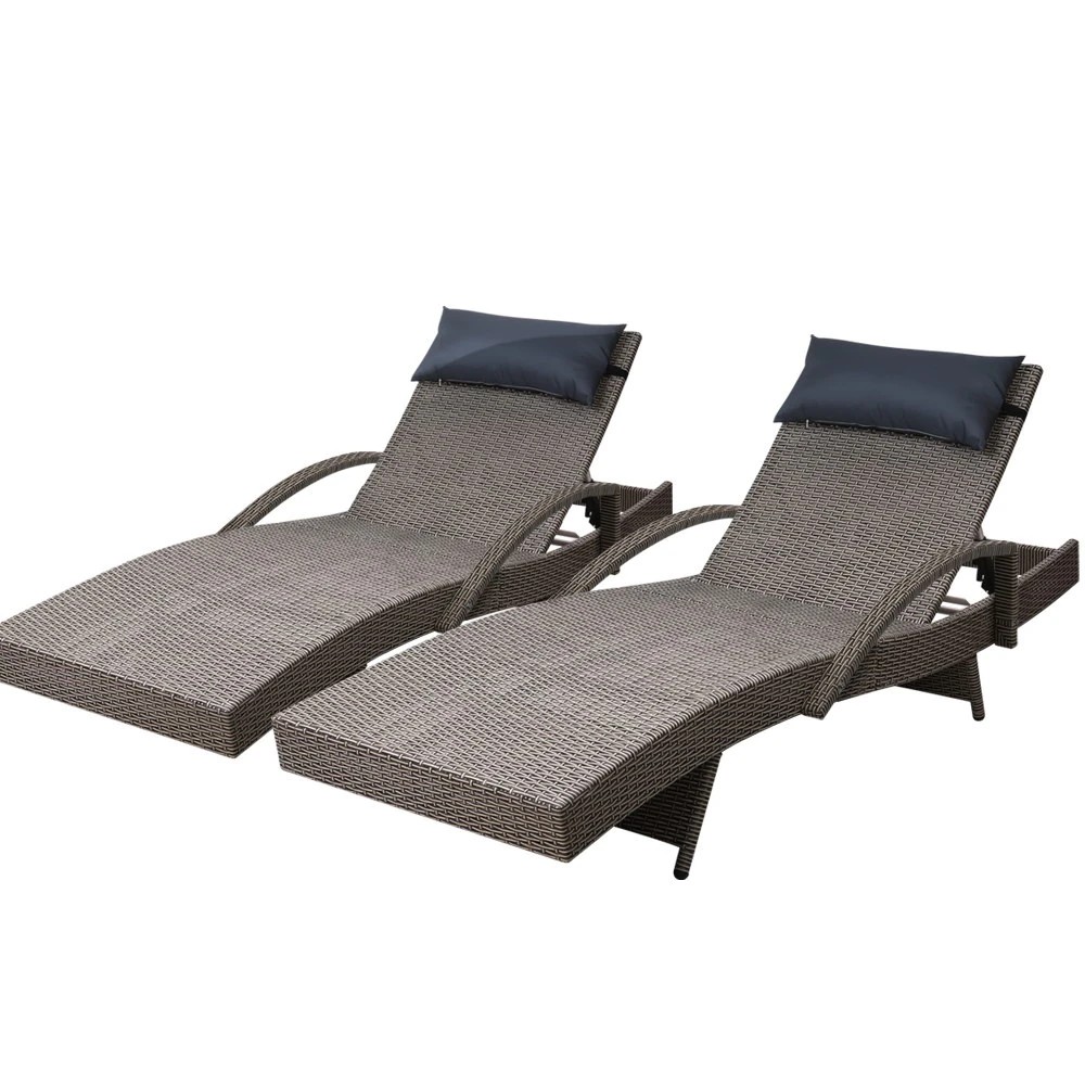 1 Gardeon 2x Sun Lounge Wicker Lounger Outdoor Furniture Beach Armchair - Grey, 1 of 7