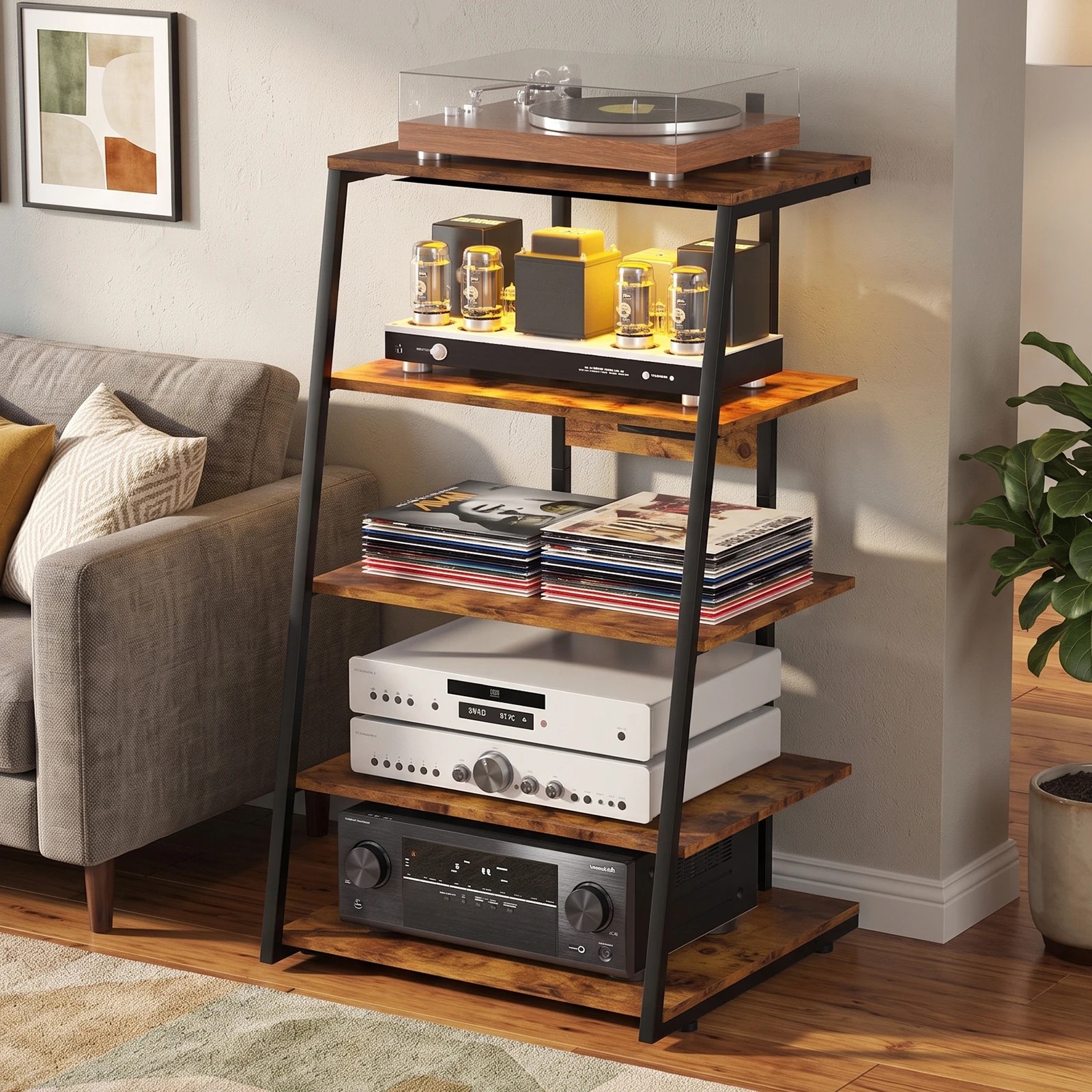 3 Advwin 5-Tier End Table with Charging Station Media Console with LED Lights - Brown, 3 of 7