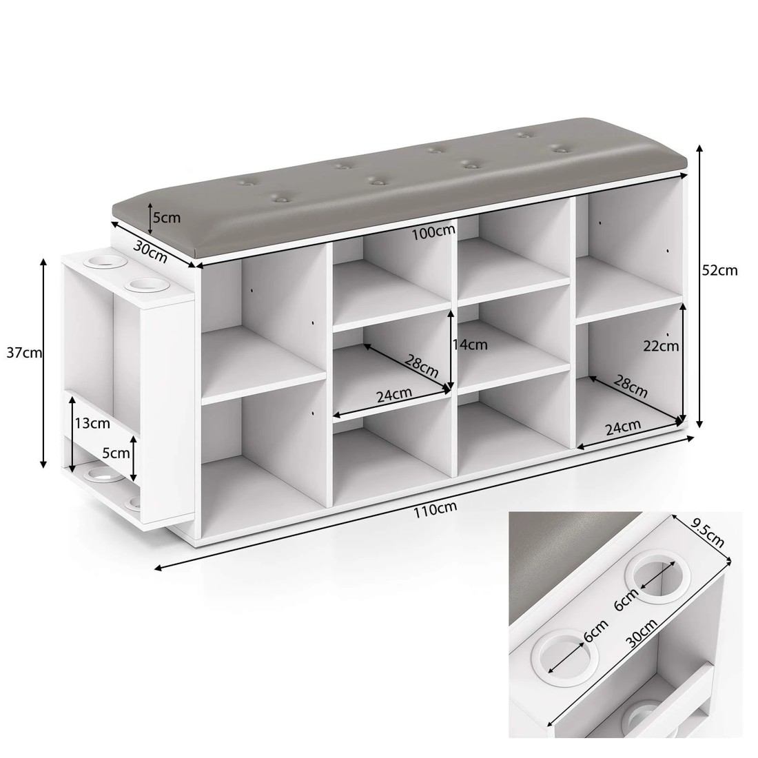 3 Costway 10 Cube Shoe Cabinet Bench Shoe Storage Rack w/Cushion White, 3 of 3