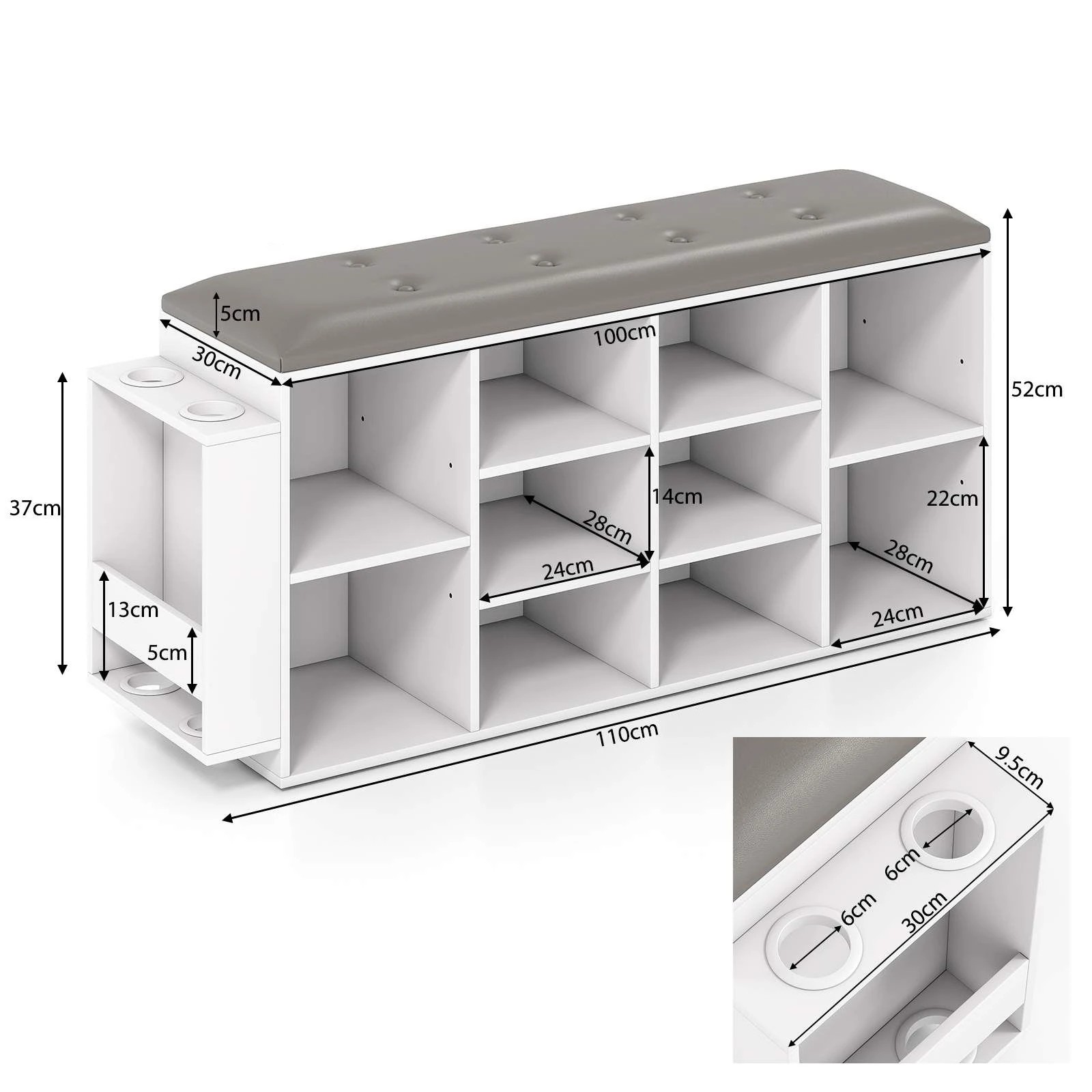 3 Costway 10 Cube Shoe Cabinet Bench Shoe Storage Rack w/Cushion White, 3 of 3