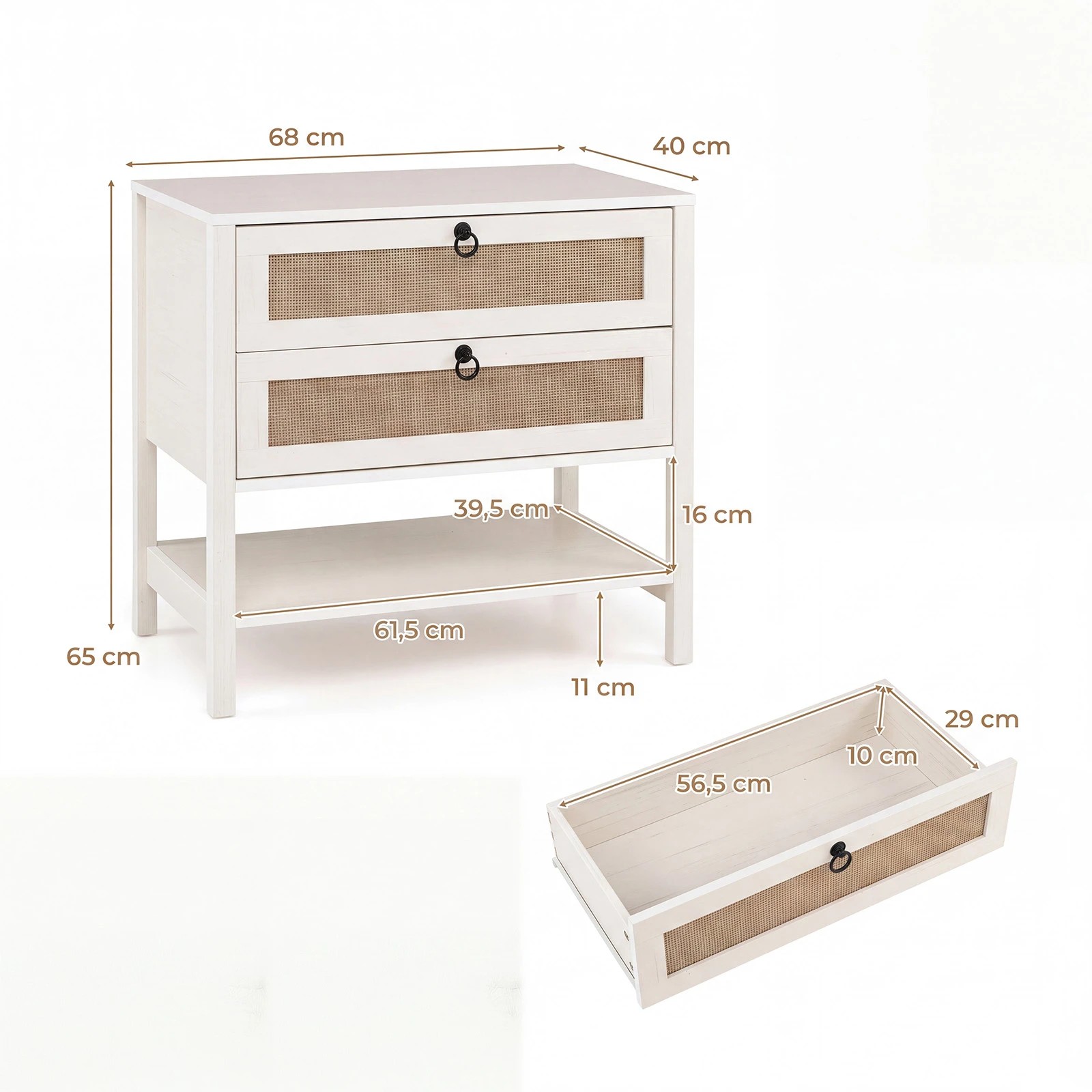 2 Costway Boho Sofa Side Table Rattan Nightstand Bedside Table - White, 2 of 6