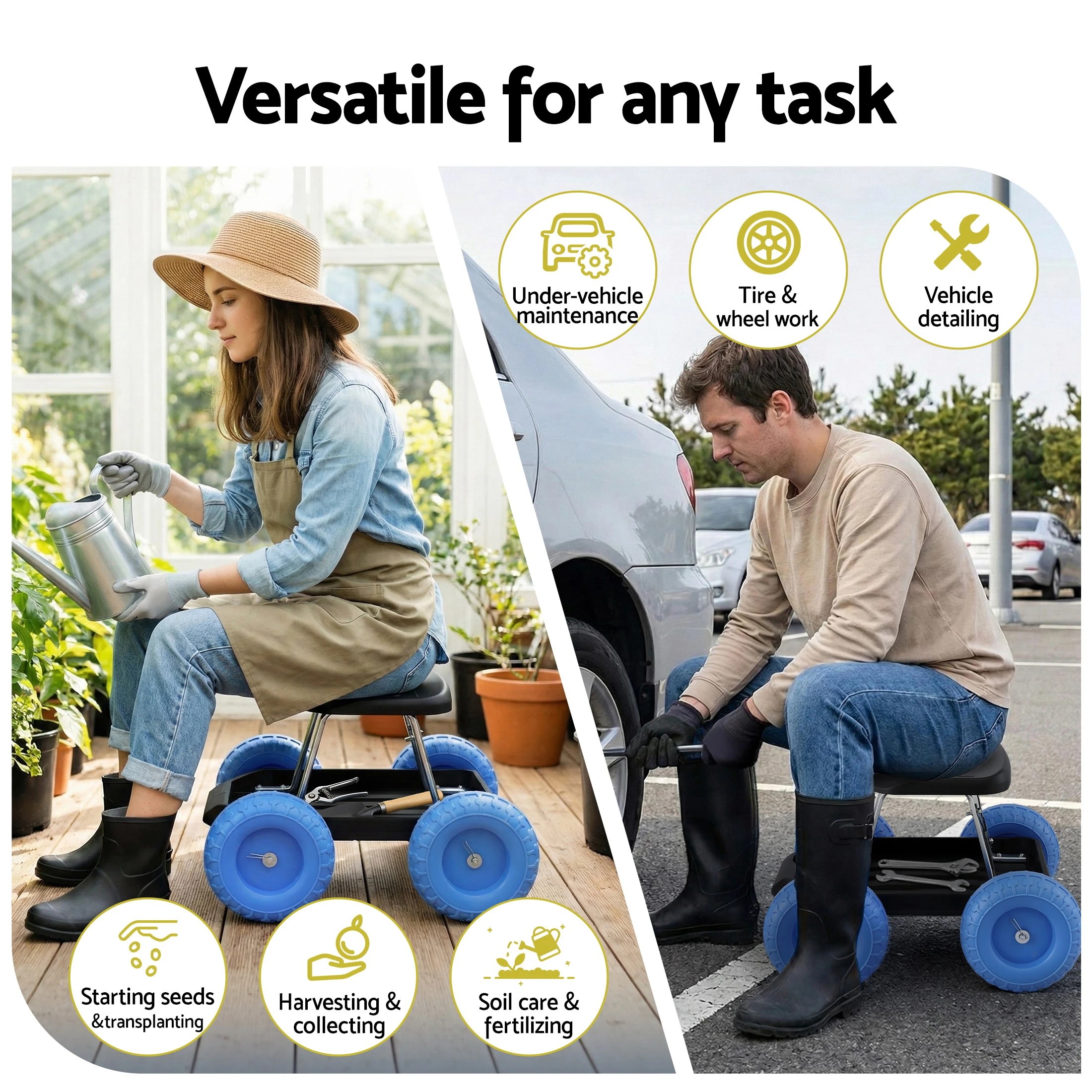 2 Gardeon Garden Cart Seat Wheels Rolling Work Stool Tool Tray 200kg Heavy Duty - Multi, 2 of 7