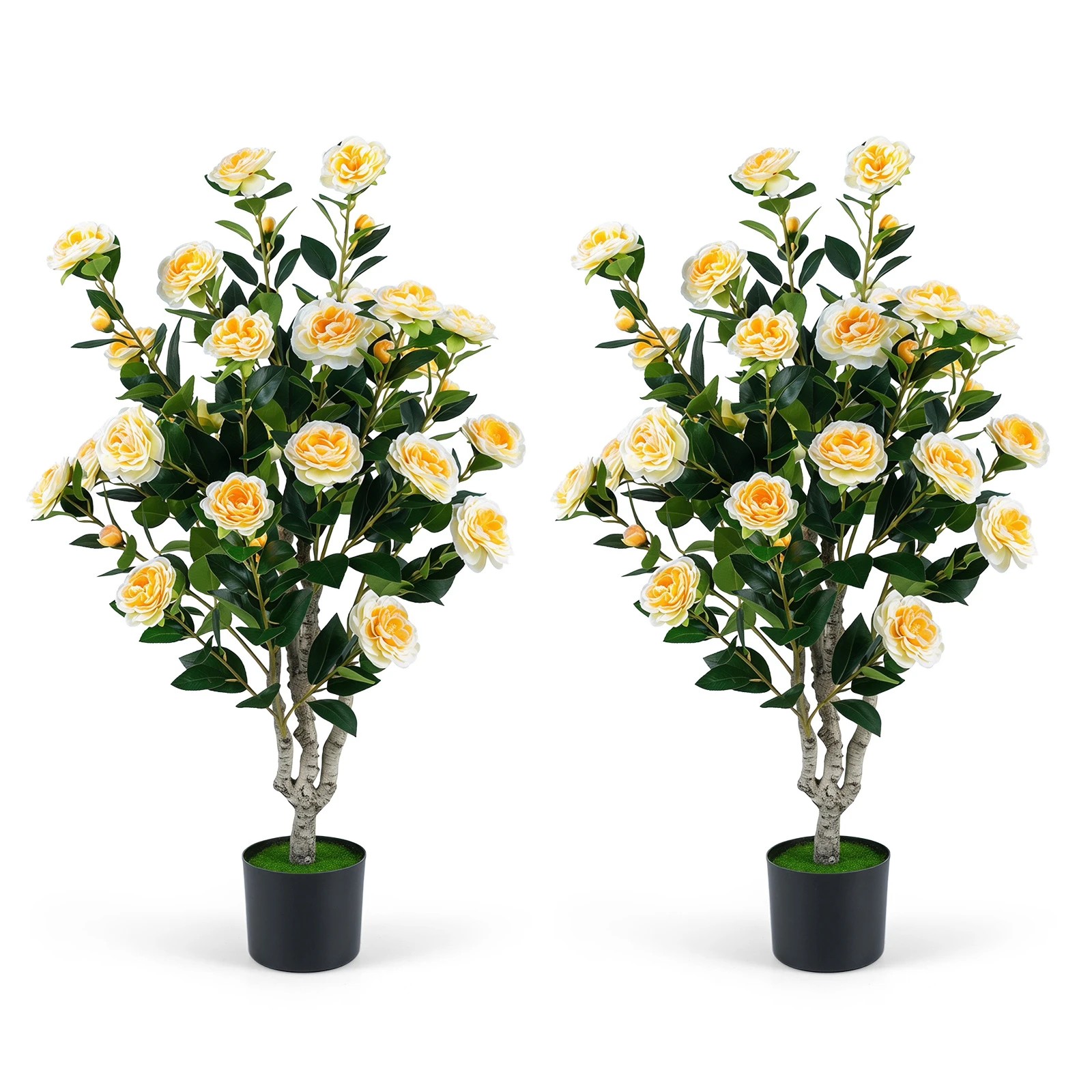 1 Costway 100cm Artificial Camellia Tree Faux Flower Plant Tree 2 Pack - Orange, 1 of 3
