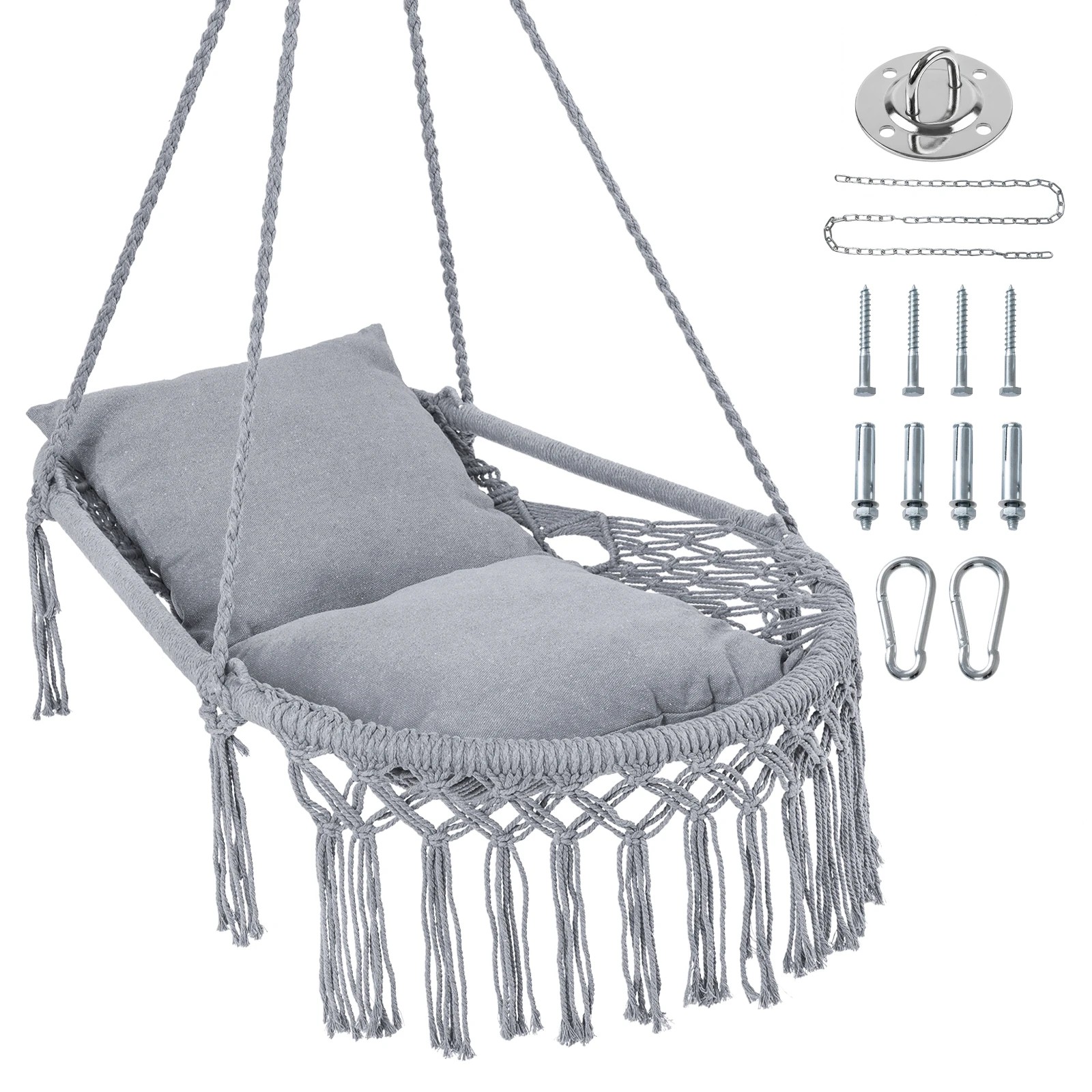 1 Costway Macrame Swing Chair Boho Rope Hanging Hammock Chair - Grey, 1 of 4