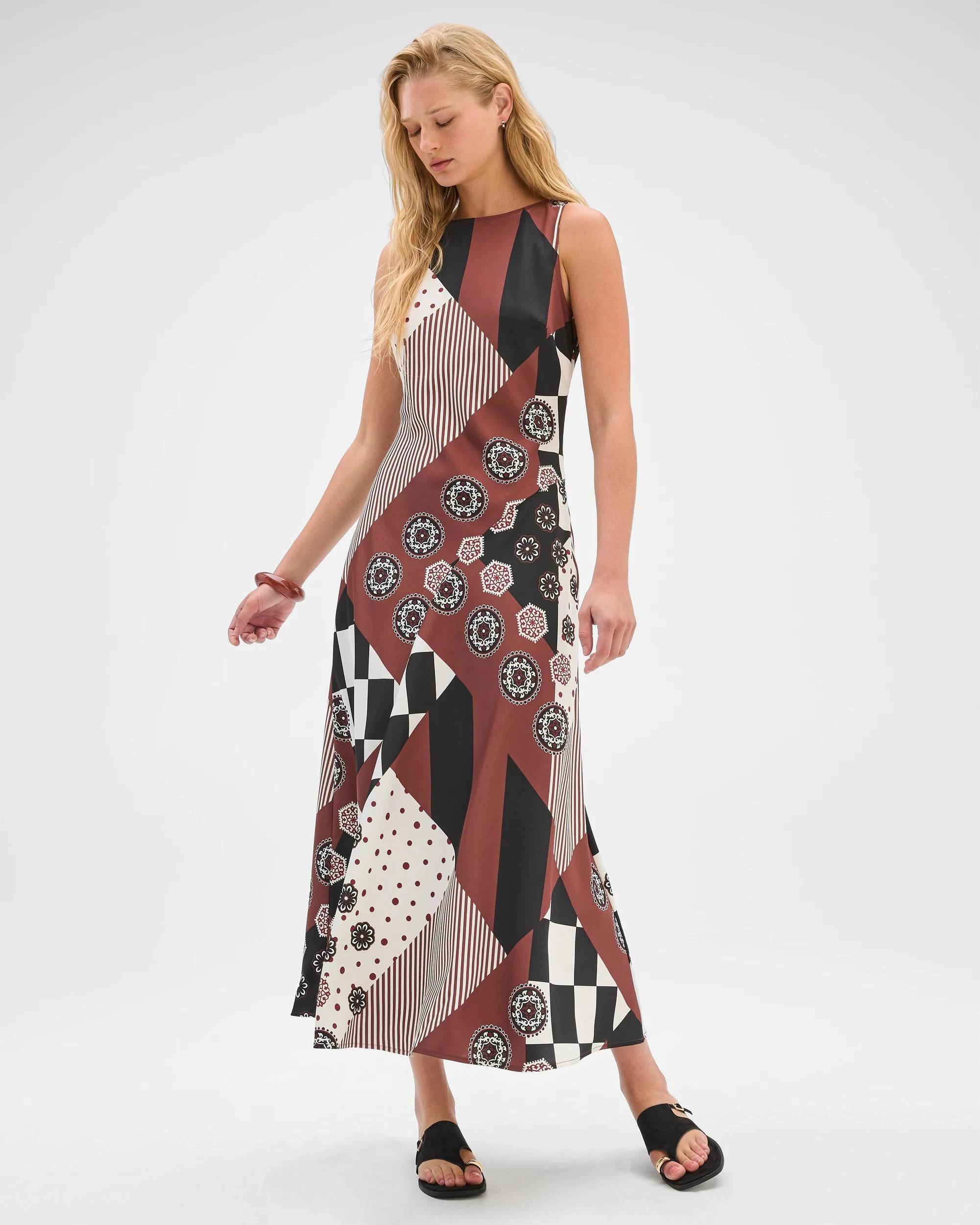 5 Preview Sleeveless Cowl Neck Asymmetric Hem Midi Dress SPLICED PRINT, 5 of 7
