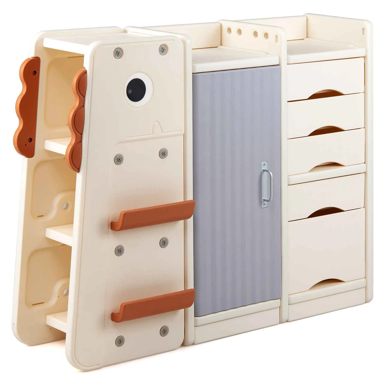 1 Costway Bookshelf Toy Cabinet Storage Organizer Dinosaur Toy Box Chest 3-Tier Shelf - Beige, 1 of 3