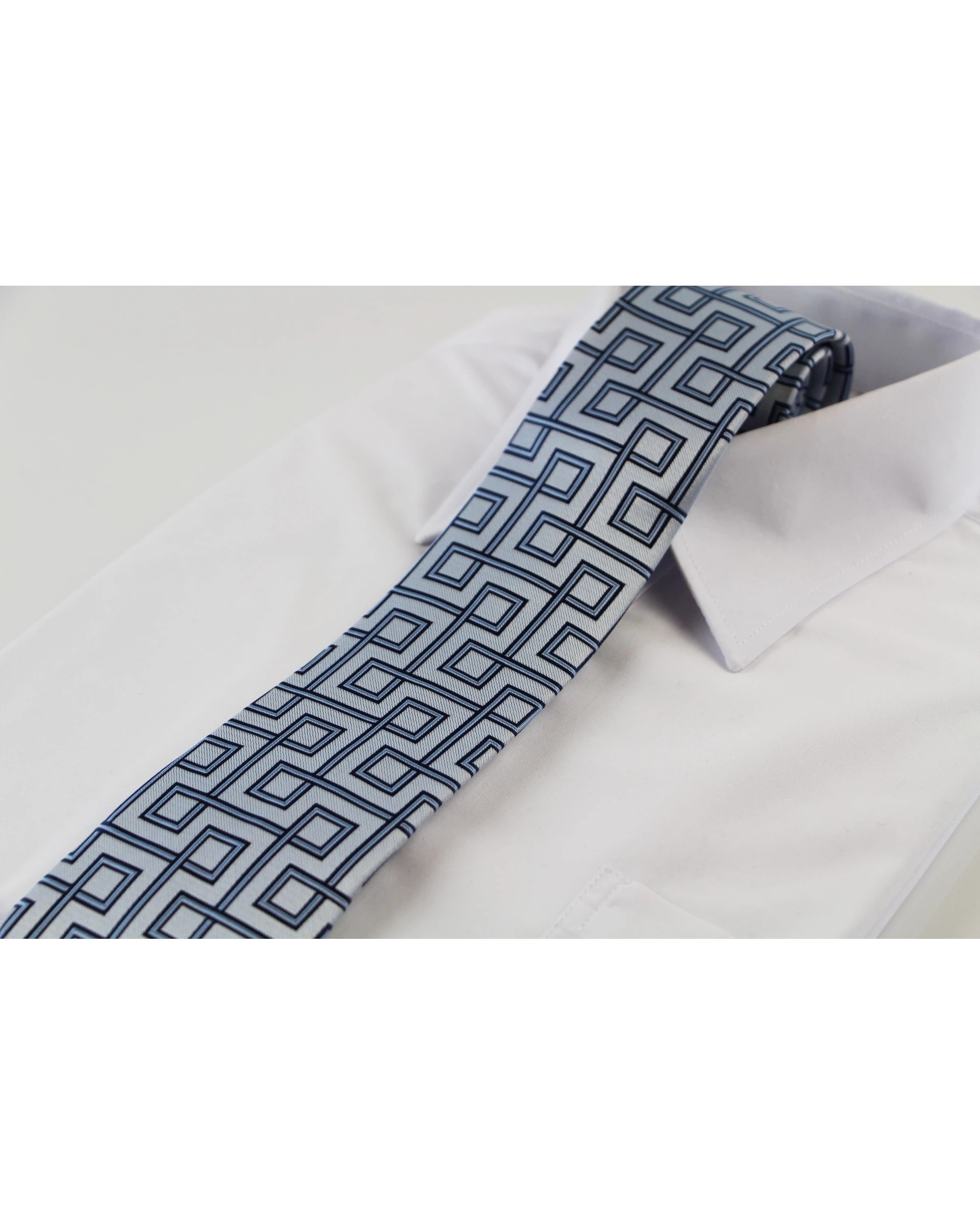 1 Zasel Mens Silver With Navy Maze Patterned 8cm Neck Tie, 1 of 2
