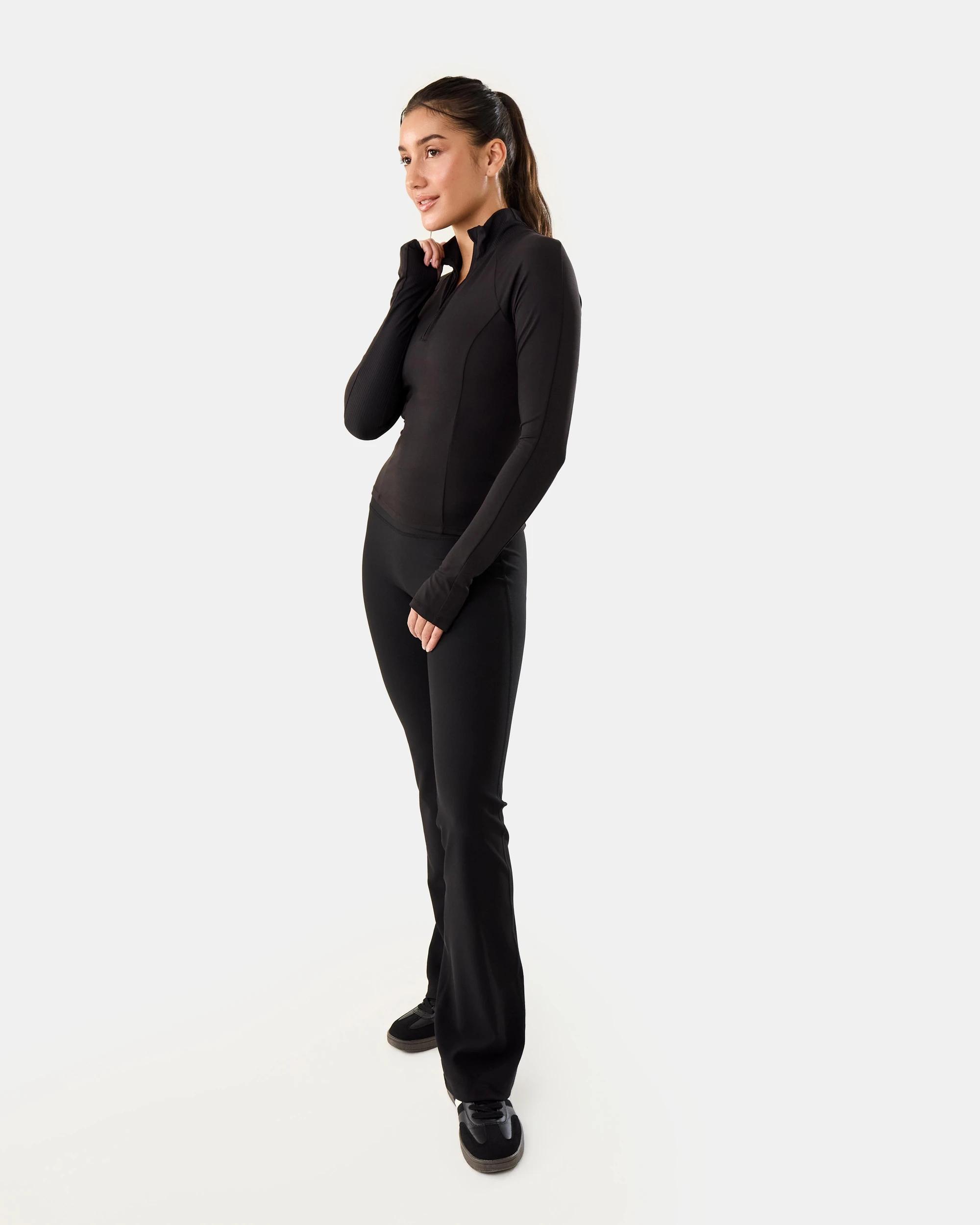 3 Active Womens Quarter Zip Rib Panel Long Sleeve Top Black, 3 of 7