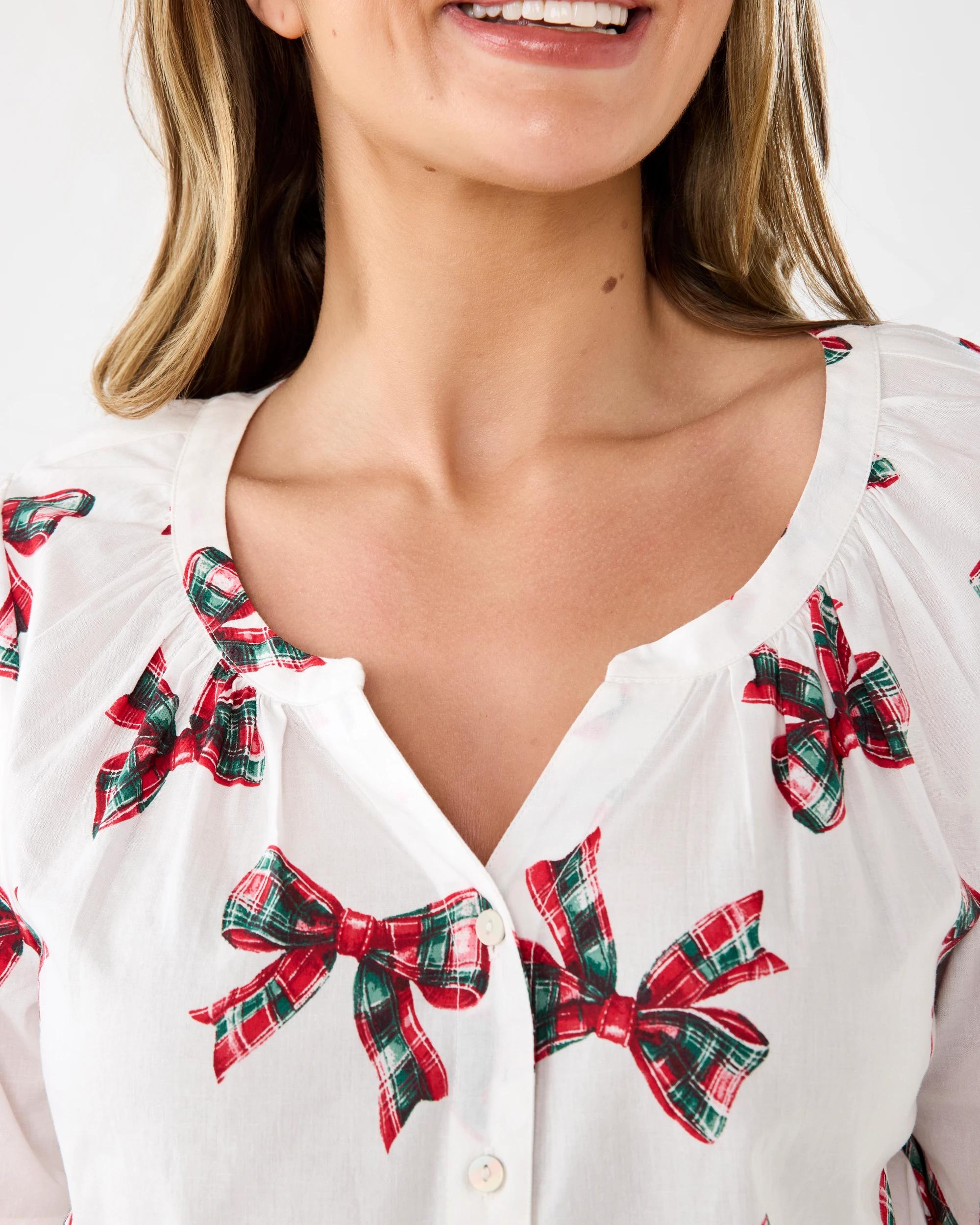 5 Short Sleeve Ruffle Woven Top & Shorts Pyjama Set Xmas Bows, 5 of 10