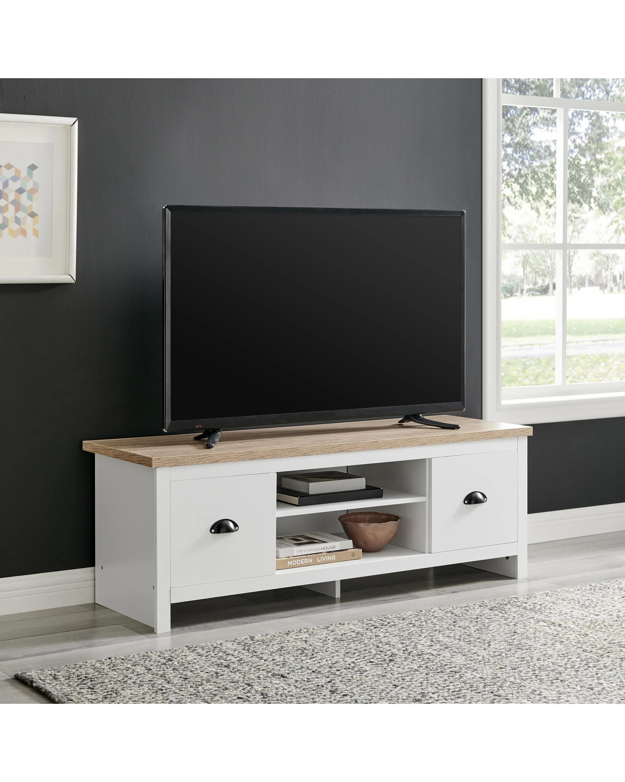 3 Kodu Entertainment Hamptons Unit TV Cabinet TV Stand 120cm 2 Drawers White and Oak, 3 of 9