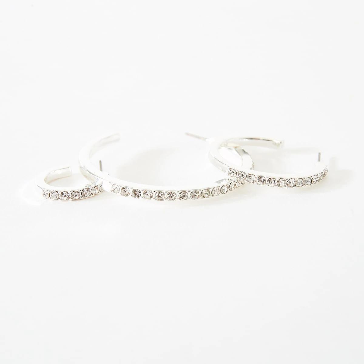 3 3 Pack Diamante Hoop Earrings - Silver Tone Silver, 3 of 5