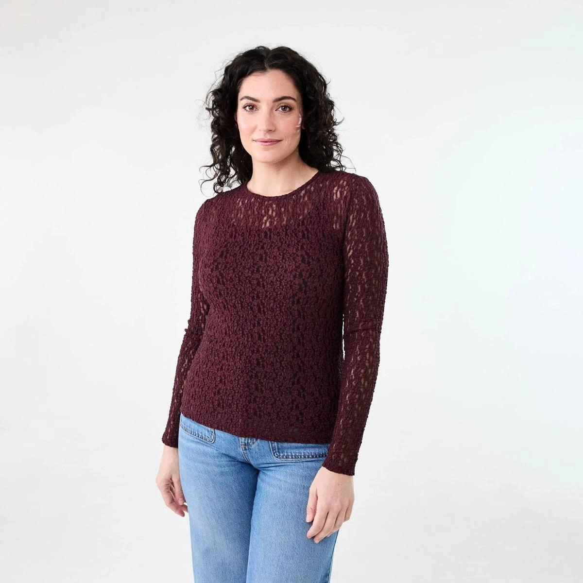 1 Long Sleeve Lace Top WARM MULBERRY, 1 of 5