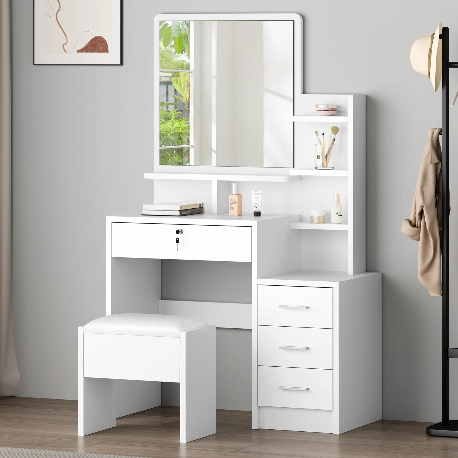 1 Alfordson Dressing Table Stool Set Makeup Mirror Drawers Vanity Desk - White, 1 of 10