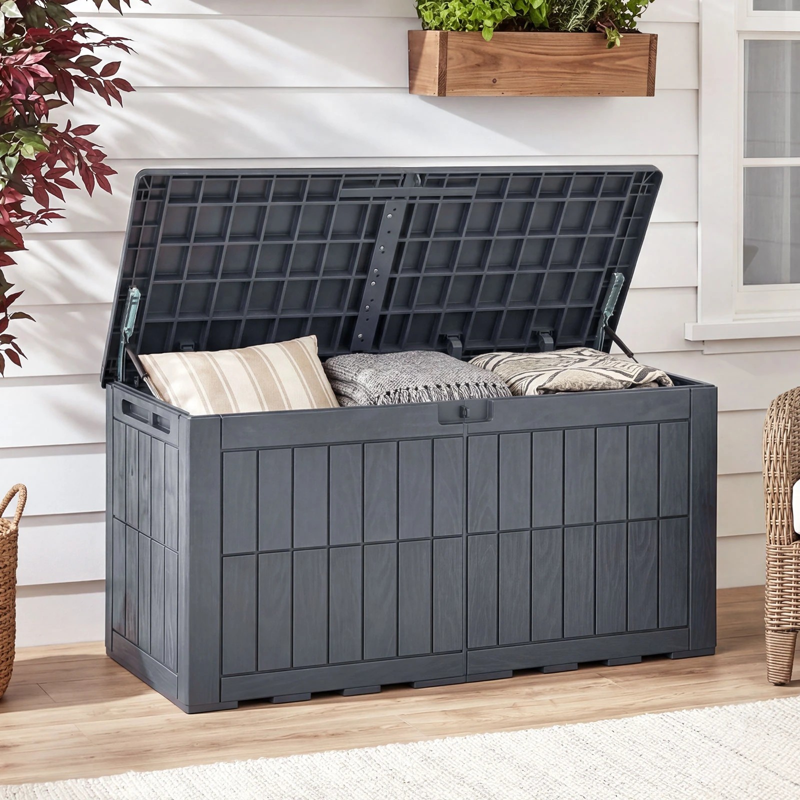 5 Costway 380L Outdoor Deck Box Patio Bench All-Weather Storage Bin w/Handles - Grey, 5 of 6