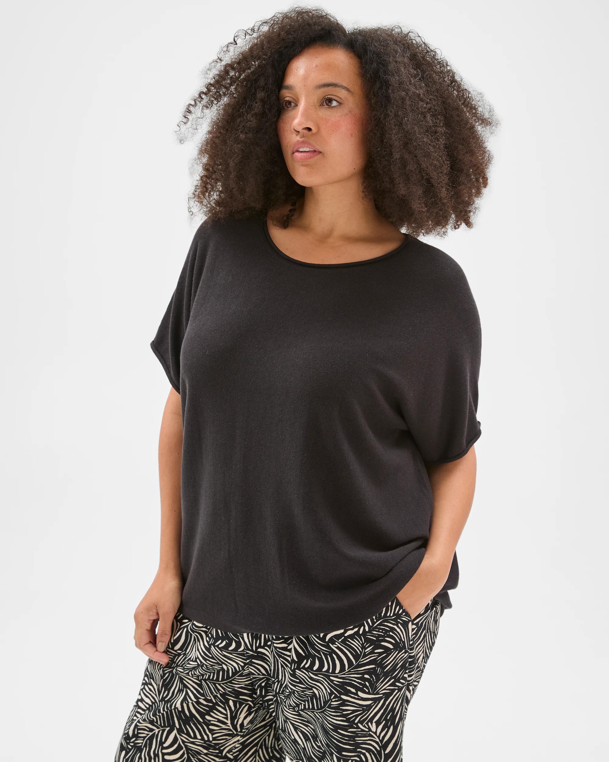 1 Target Curve Plus Size Australian Cotton Blend Roll Edge Knit Top BLACK, 1 of 5