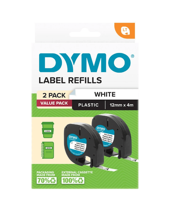DYMO Letratag Plastic Label Tape 12mm Black on White 2PK