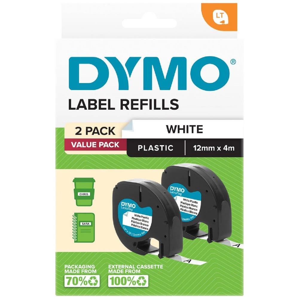 1 DYMO Letratag Plastic Label Tape 12mm Black on White 2PK, 1 of 1