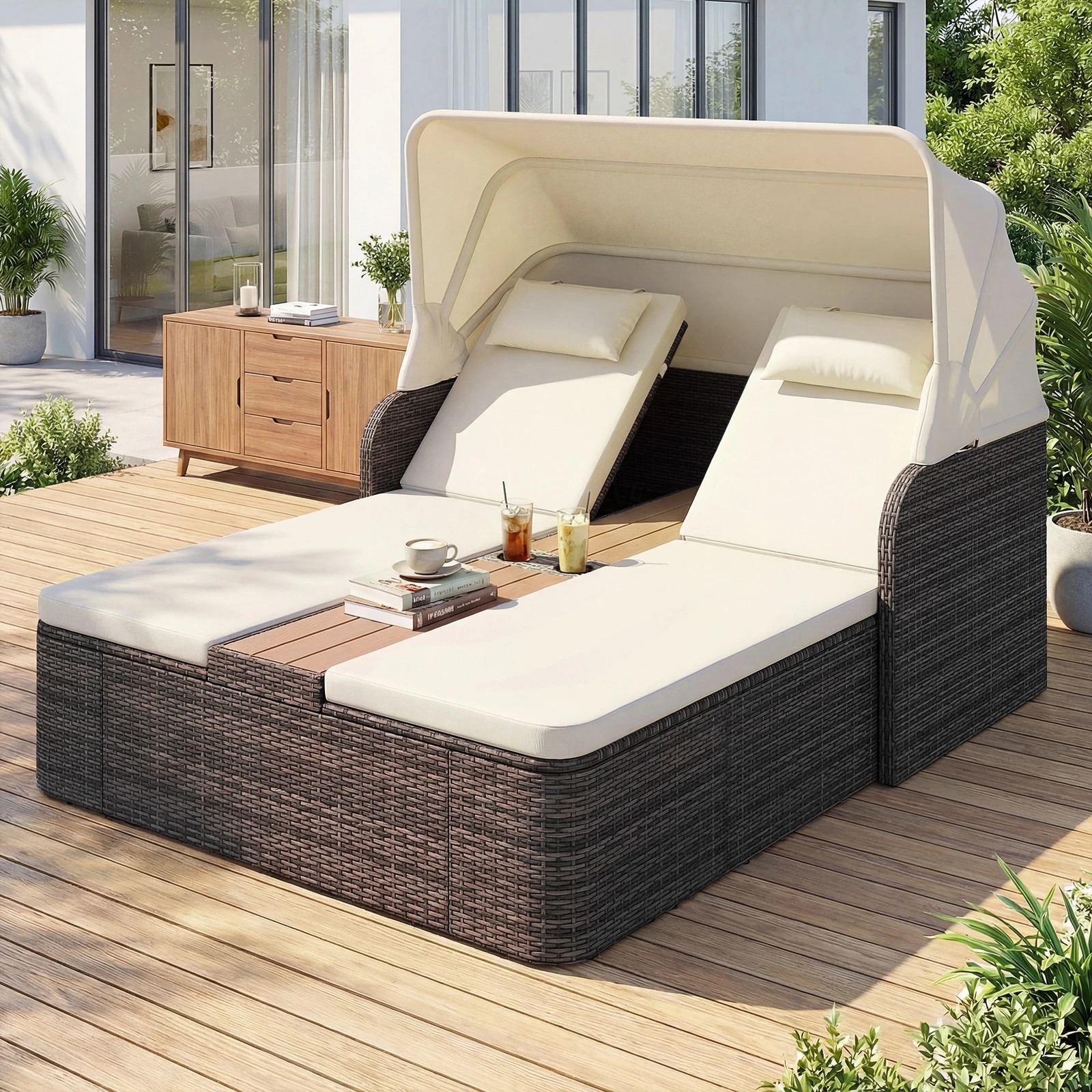 3 Costway Rattan Double Daybed w/Retractable Sunshade Outdoor Chaise Lounge Loveseat, 3 of 5