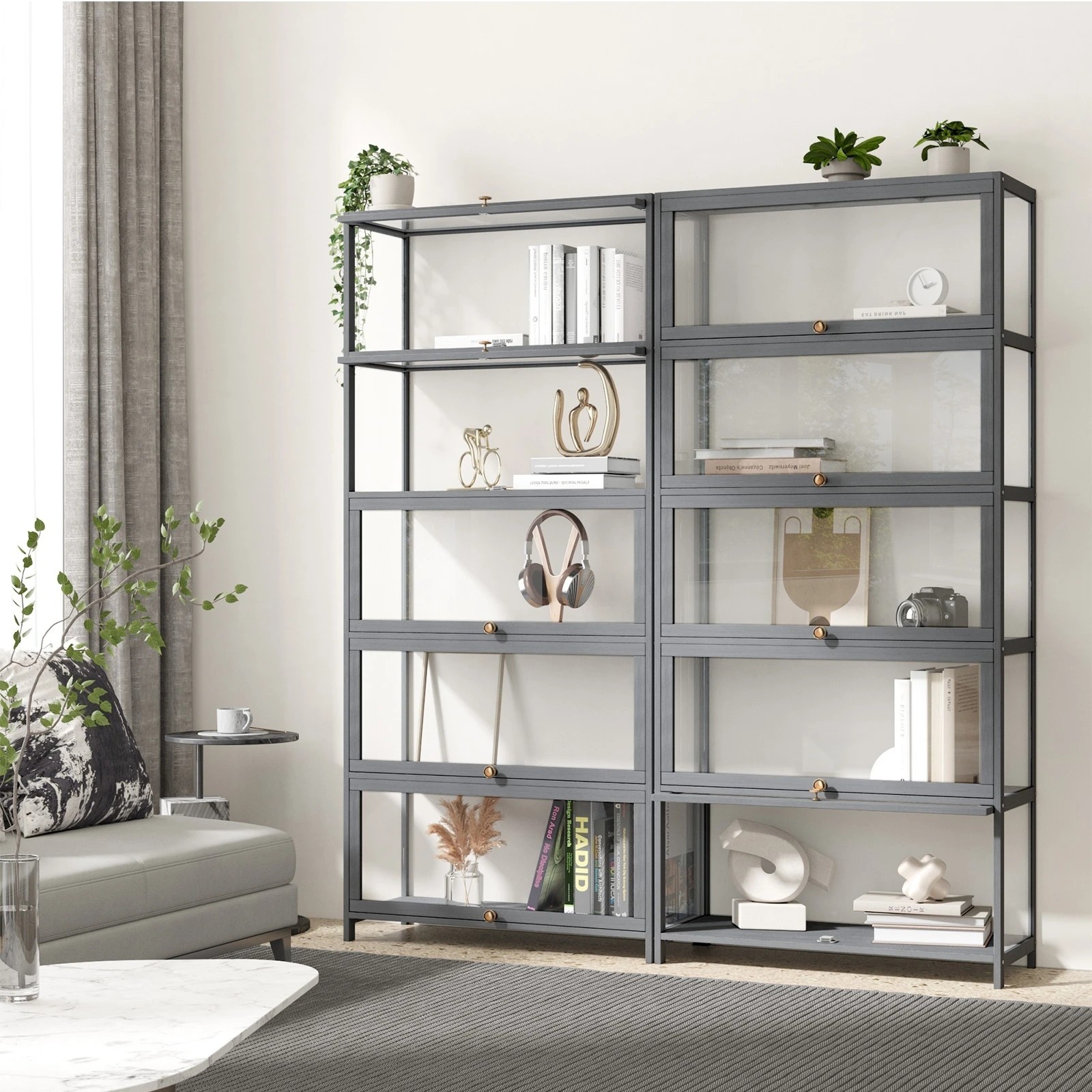 3 Oikiture Display Cabinet Storage 5-tier Shelves Clear Bookcase Stand Rack
 - Grey, 3 of 9