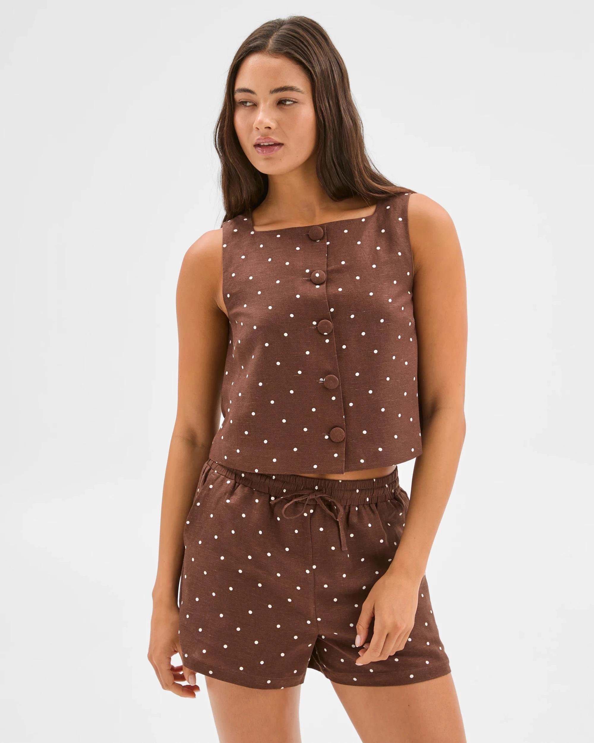 1 European Linen Blend Button Through Shell Top - Lily Loves ESPRESSO SPOT, 1 of 6