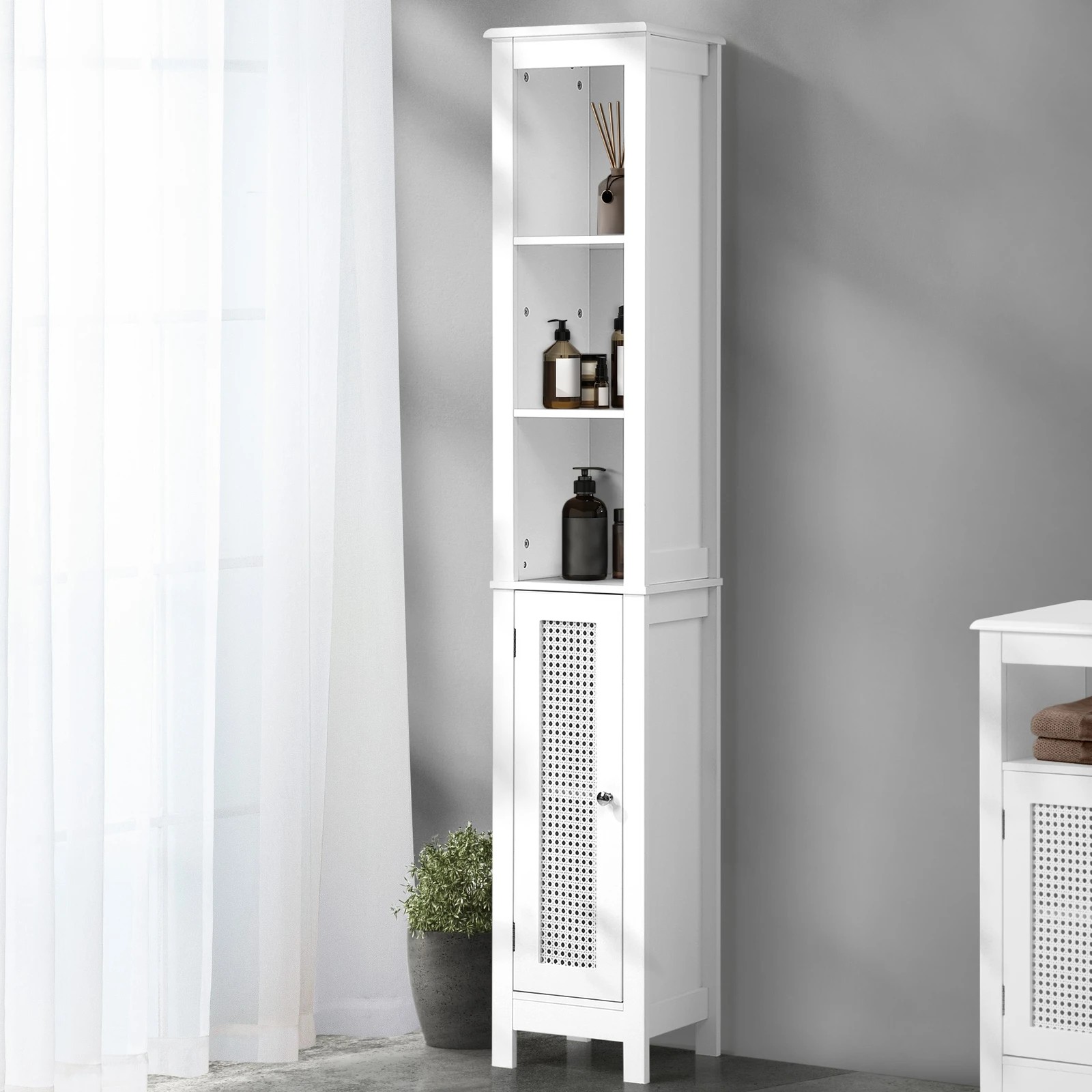 2 Oikiture Storage Cabinet Tall Slim Cupboard Laundry Rattan Door
 - White, 2 of 9