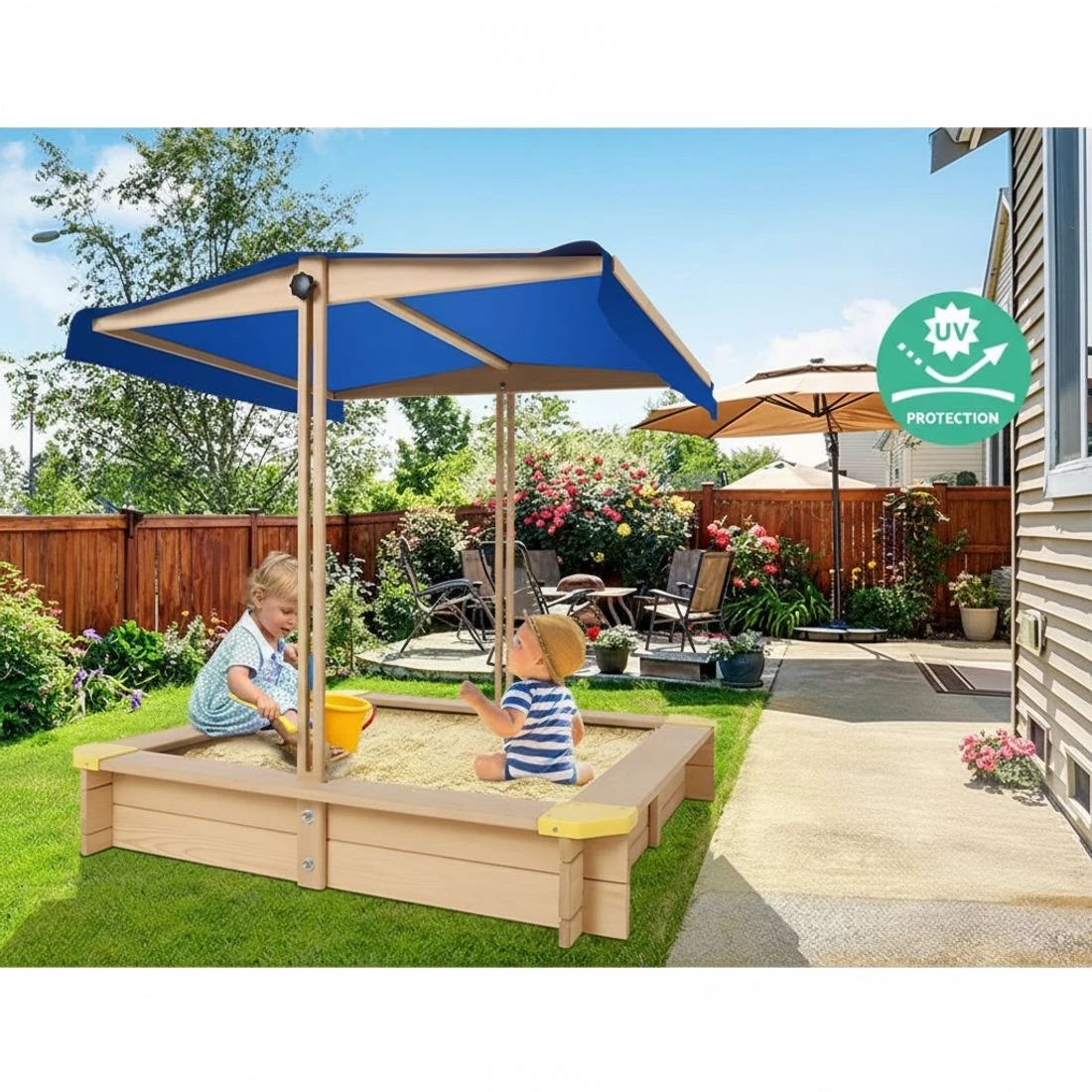 6 Keezi Kids Sandpit Wooden Sandbox Sand Pit with Canopy Bench Seat Toys 101cm - Brown, 6 of 10