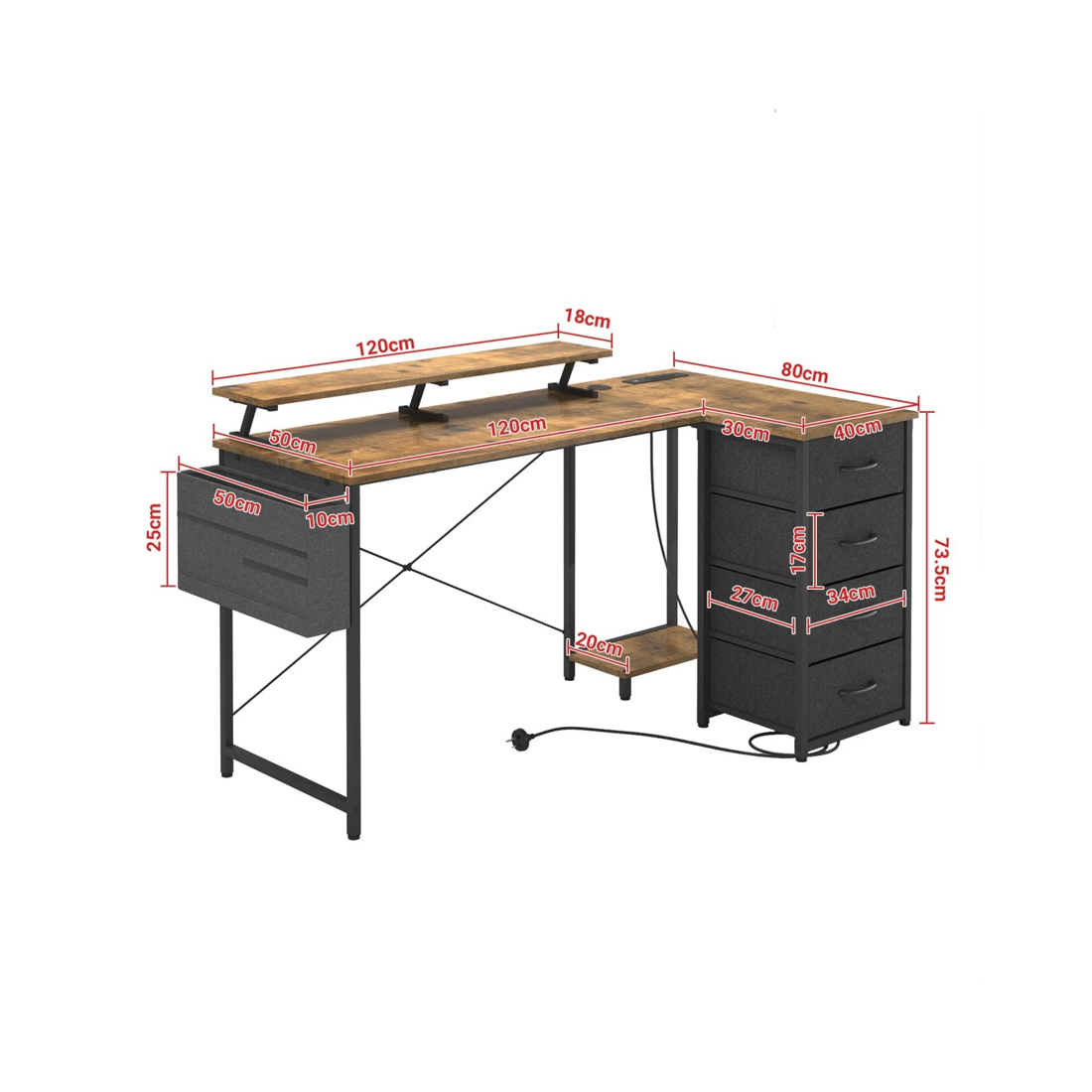 2 Advwin 160cm L Shaped Gaming Desk With Led Lights & Power Outlets Convertible Computer Desk Walnut, 2 of 10