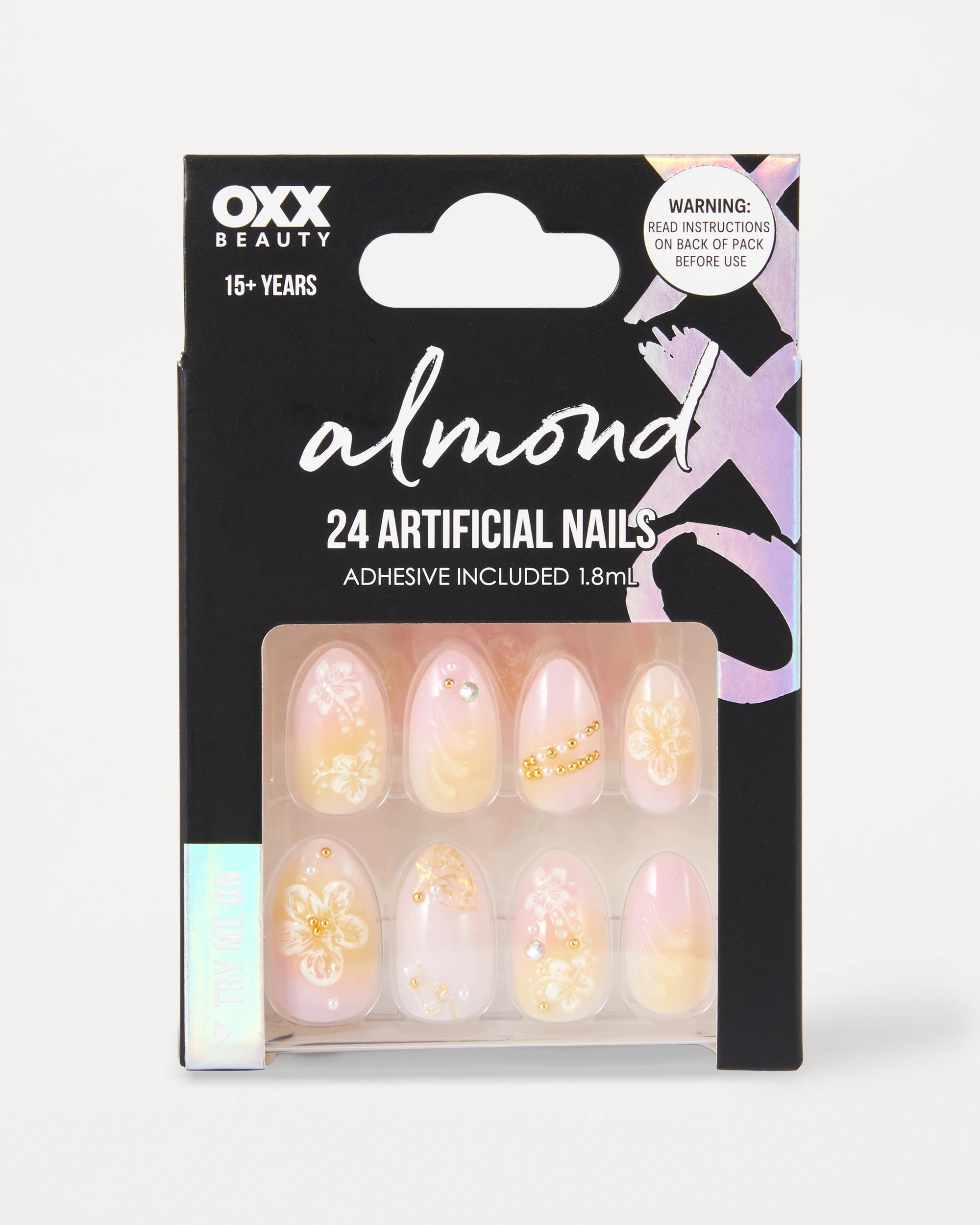 1 OXX Beauty 24 Pack Artificial Nails with Adhesive - Almond Shape, Hibiscus, 1 of 4