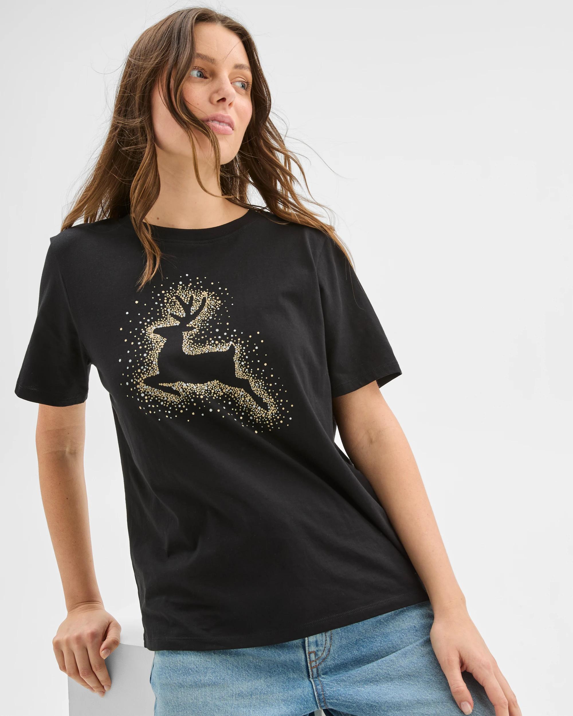 1 Target Australian Cotton Printed Christmas T-shirt BLACK REINDEER, 1 of 5