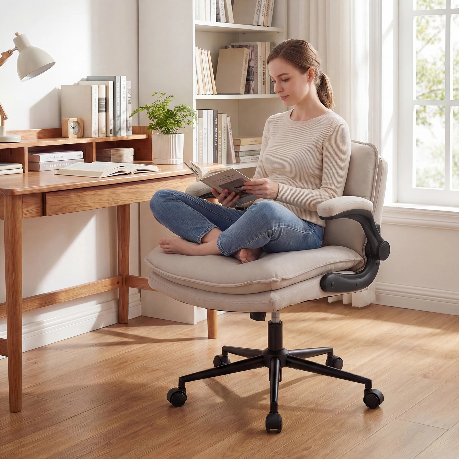 2 Costway Office Desk Chair Flip up Arms Vanity Stool Swivel Criss Cross Armchair w/Backrest - Beige, 2 of 4