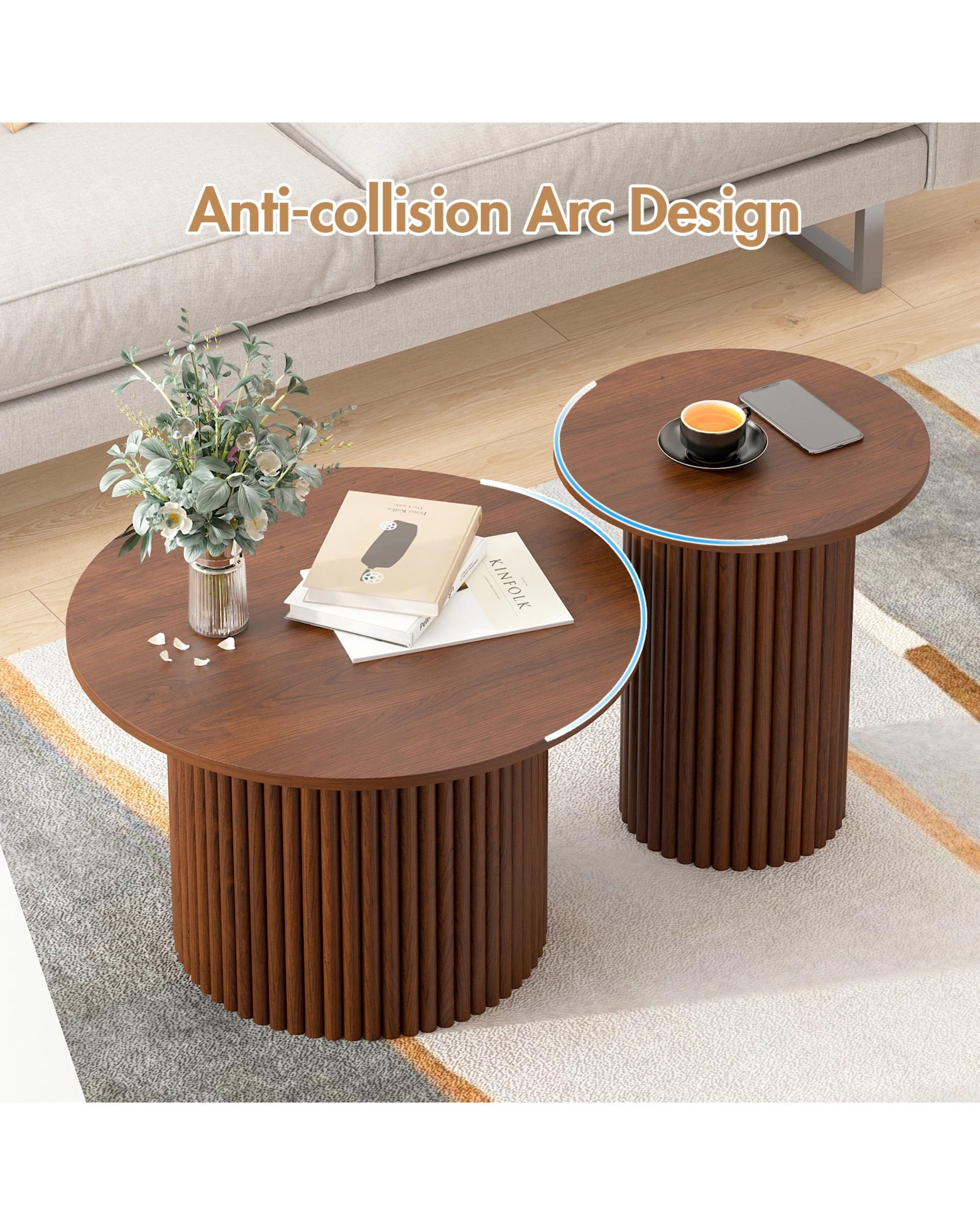 3 Advwin Coffee Table Set of 2  with Fluted Panel - Brown, 3 of 10