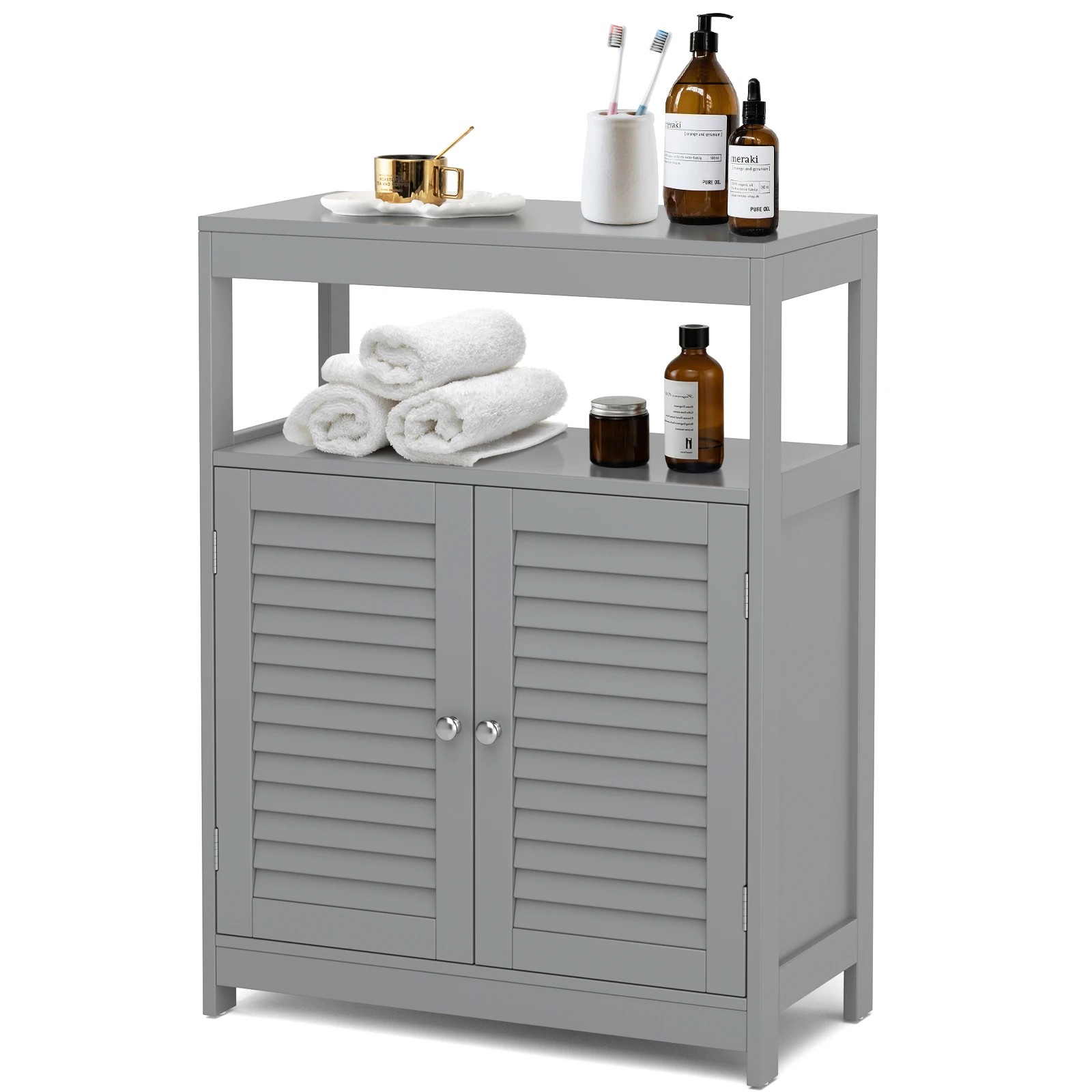 7 Costway Bathroom Storage Cabinet Floor Storage Cupboard w/2 Doors & Open Shelf - Grey, 7 of 7