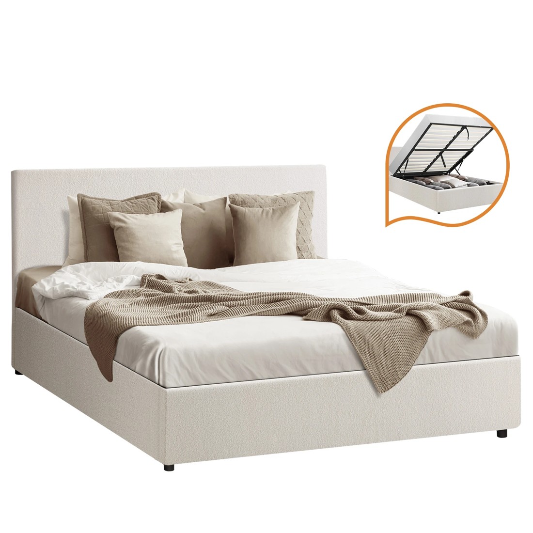 1 Oikiture Double Bed Frame Gas Lift Base With Storage Boucle
 - White, 1 of 10