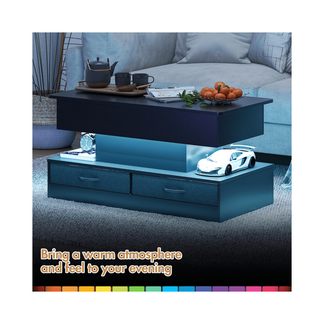 6 Advwin Lift up Top Coffee Table with Hidden Storage & Drawers RGB LED Lights Wooden Tea Table Black, 6 of 9