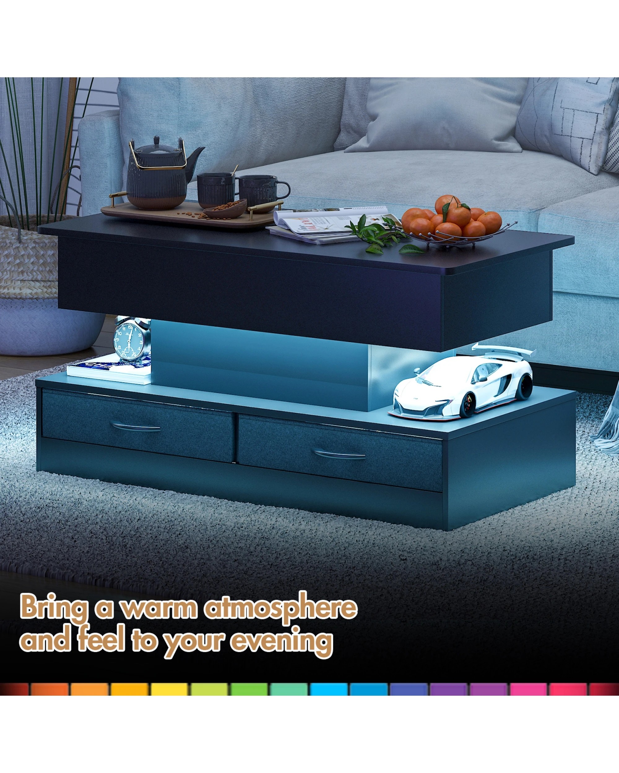 6 Advwin Lift up Top Coffee Table with Hidden Storage & Drawers RGB LED Lights Wooden Tea Table Black, 6 of 9
