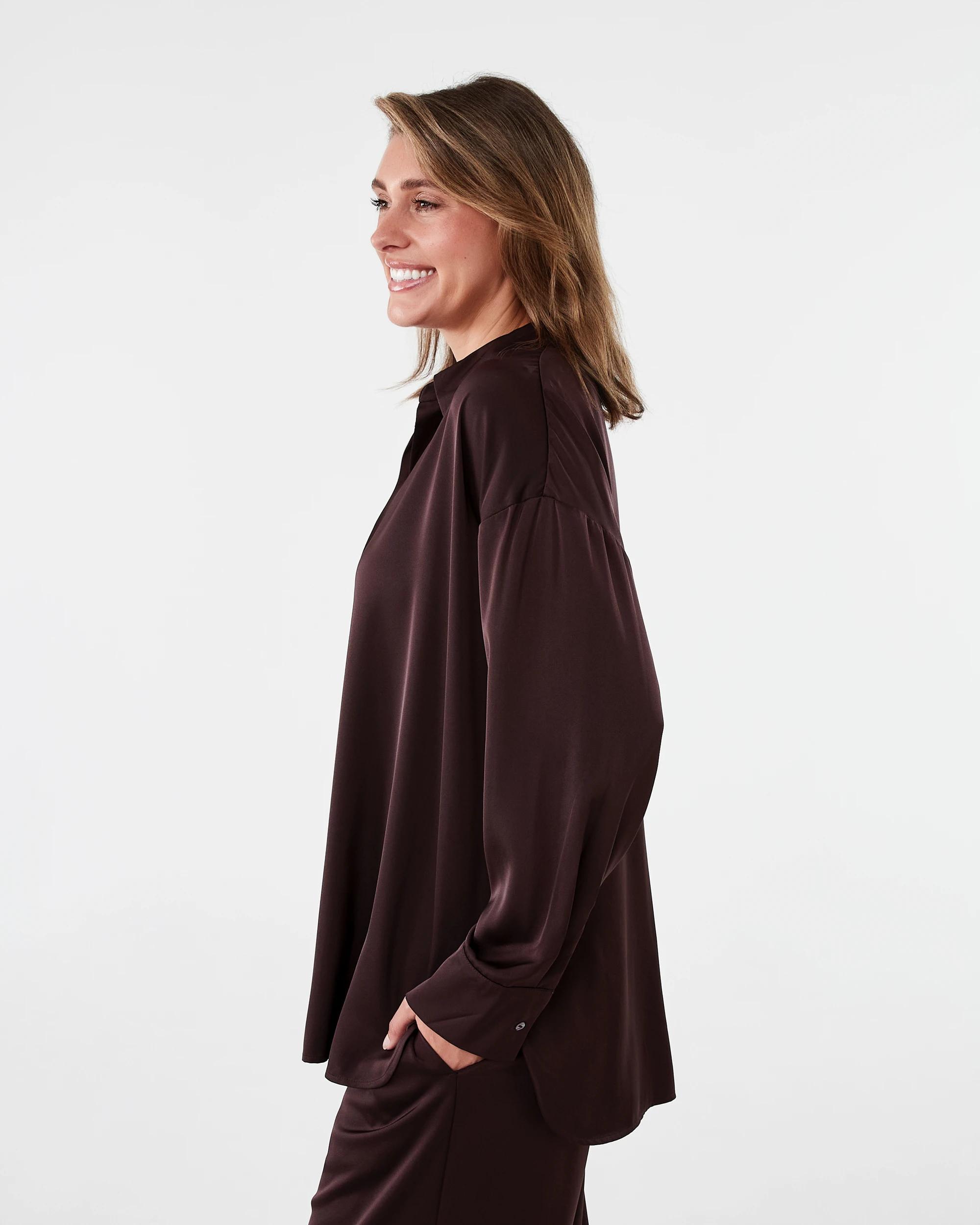 4 Long Sleeve Oversized Satin Shirt Choc Plum, 4 of 10