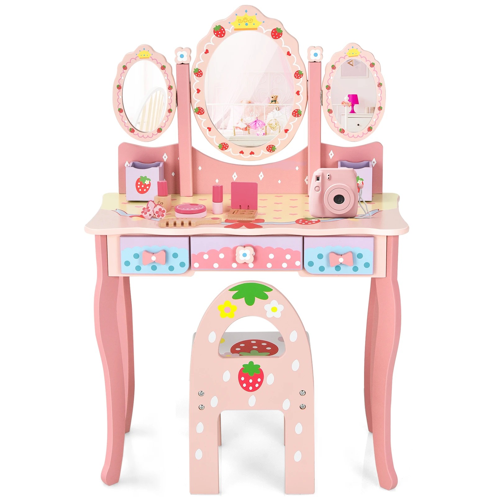 1 Costway Princess Makeup Dressing Table Chair Set Folding Mirror - Pink, 1 of 1
