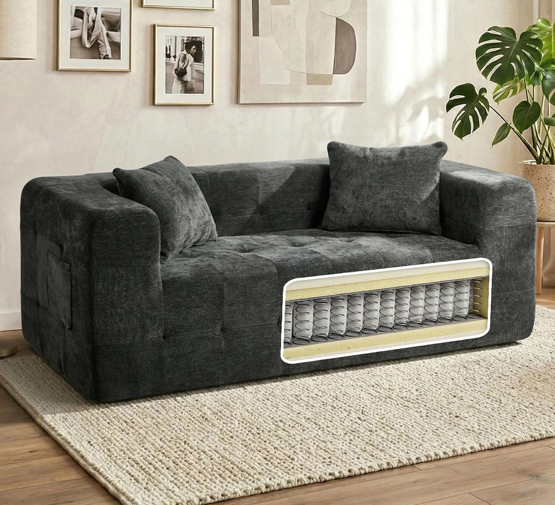 3 Oikiture Compressed Sofa in a Box Button Tufting Chenille - Grey, 3 of 5