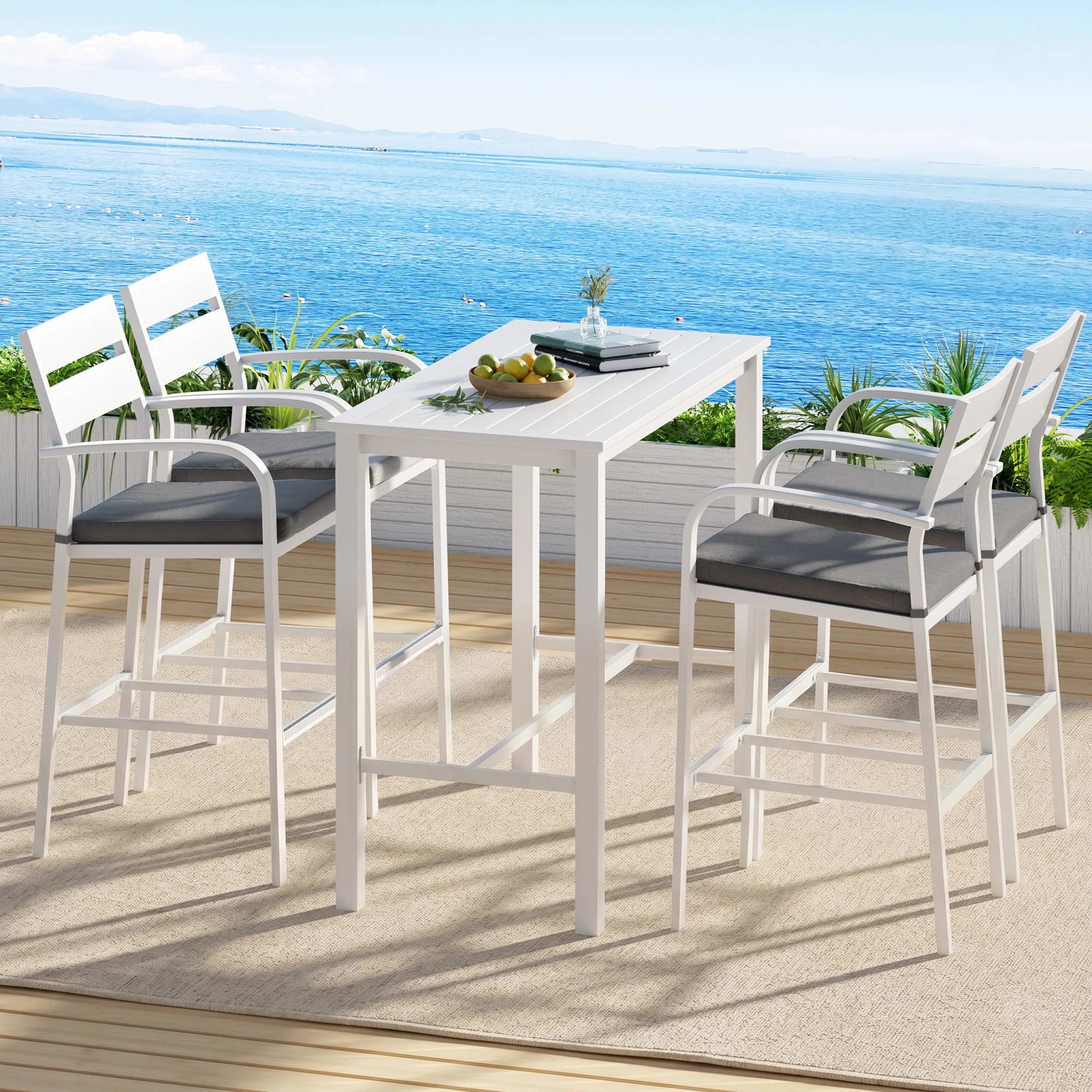 8 Gardeon Outdoor Bar Set 5-Piece Patio Dining Chairs Aluminium Table Stools - White, 8 of 8