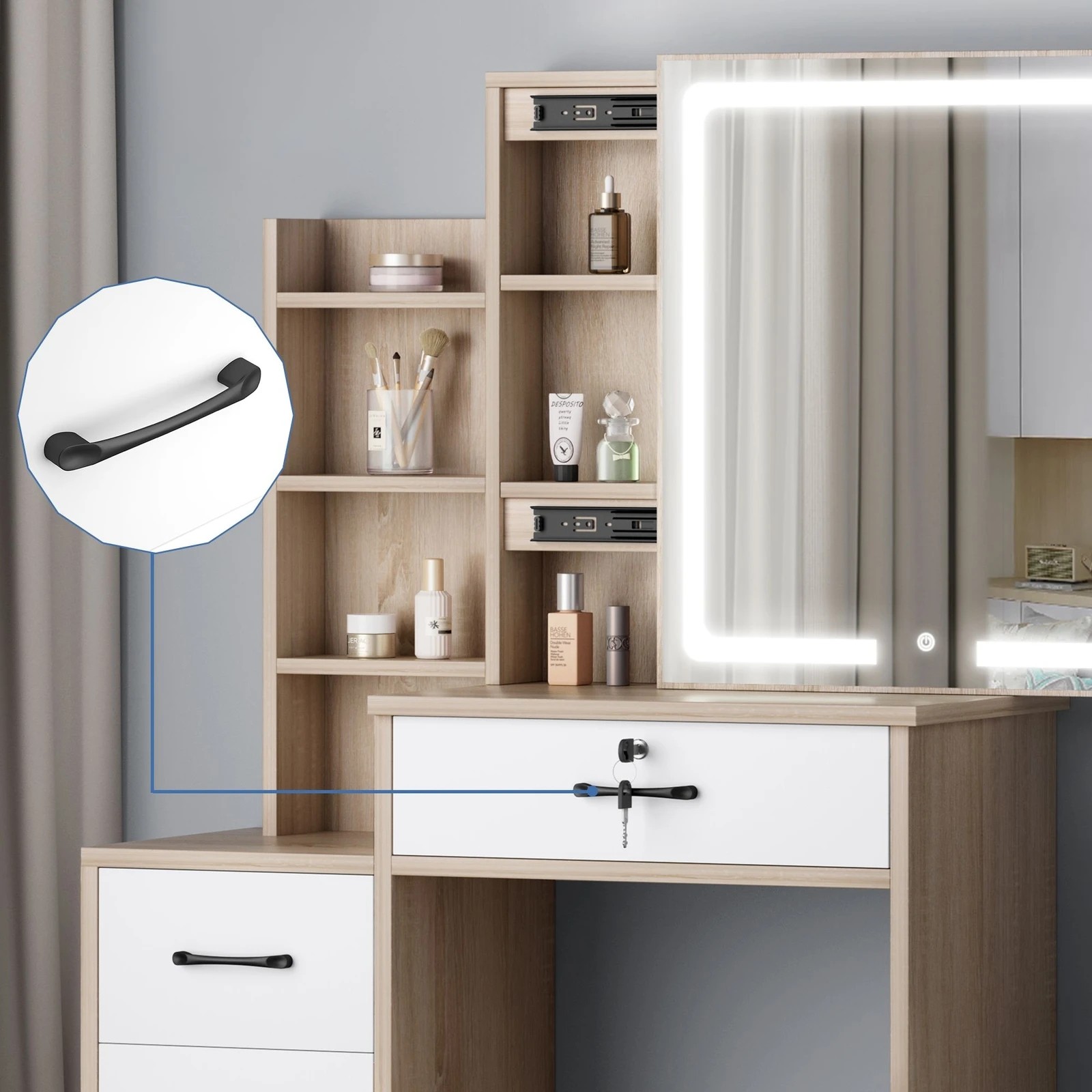 4 Alfordson Dressing Table Stool Set Makeup Mirror Vanity Desk Drawers - Wood, 4 of 10