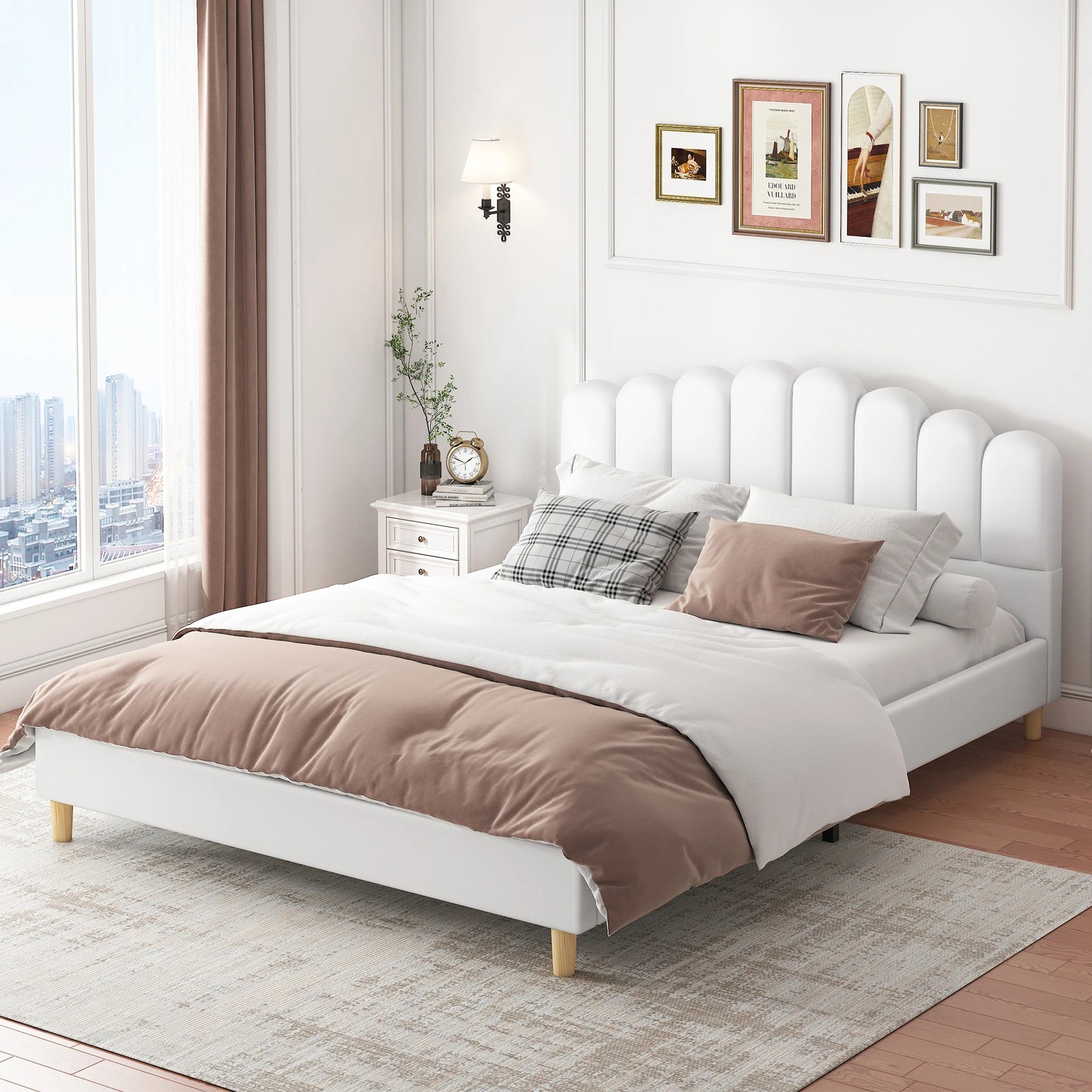 6 Alfordson Bed Frame Double Size Upholstered Platform Base Leather Tania - White, 6 of 10